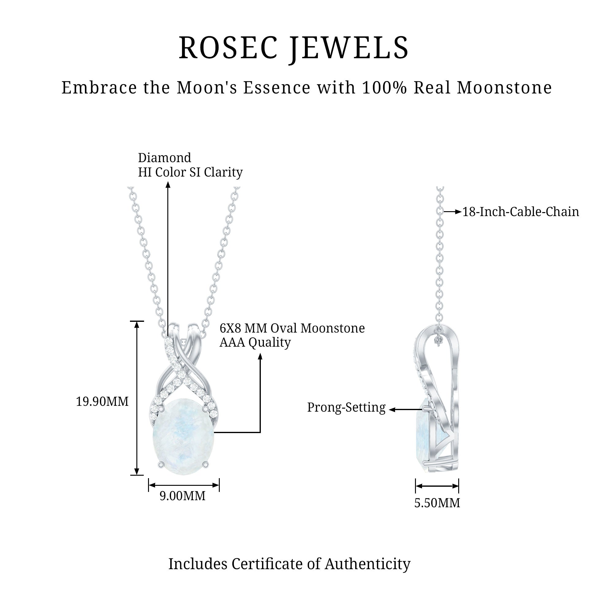 Real 0.6 Carat Oval Shape Moonstone Necklace with Diamond Twisted Bail