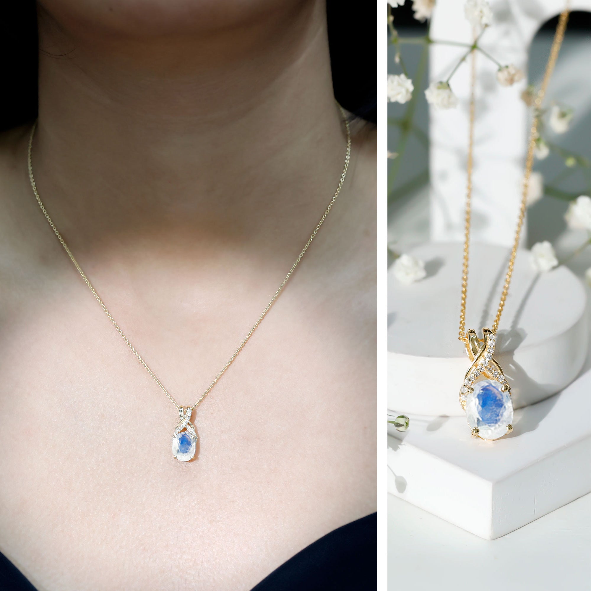 Real 0.6 Carat Oval Shape Moonstone Necklace with Diamond Twisted Bail