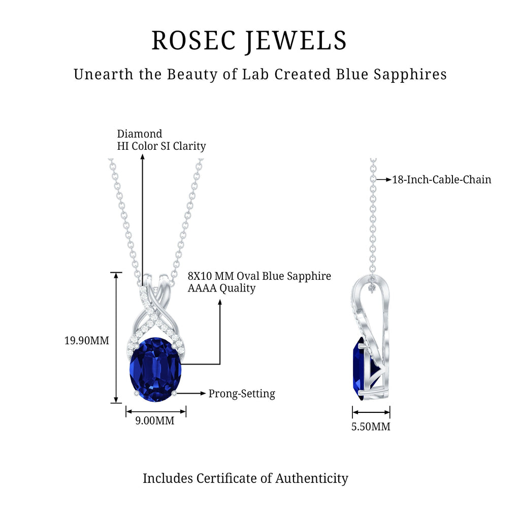 4 Carat Oval Lab Created Blue Sapphire Necklace with Diamond Twisted Bail