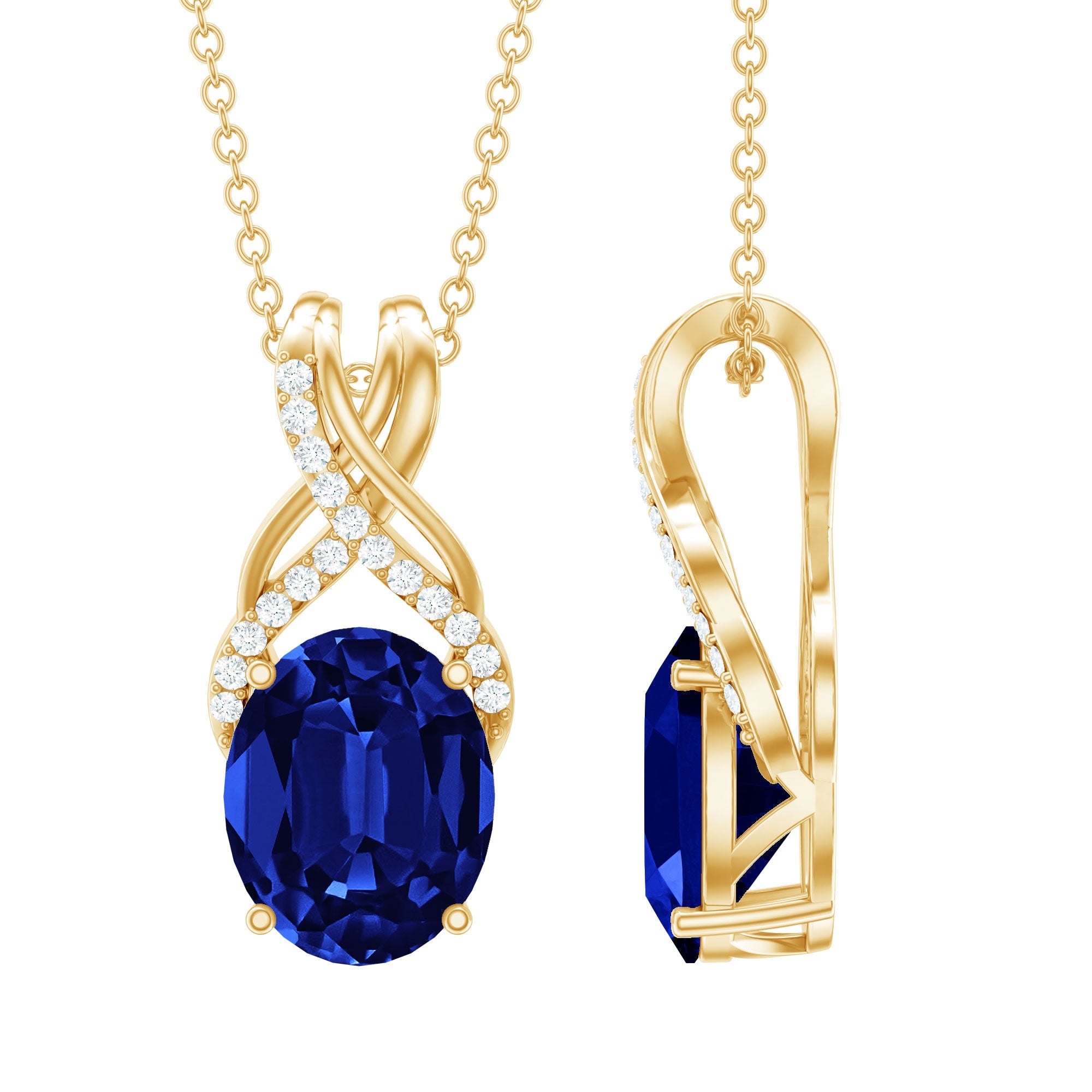 4 Carat Oval Lab Created Blue Sapphire Necklace with Diamond Twisted Bail