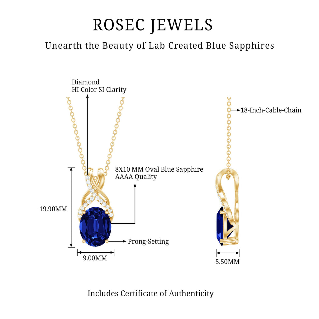 4 Carat Oval Lab Created Blue Sapphire Necklace with Diamond Twisted Bail
