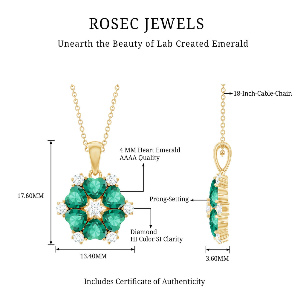 1.6 Carat Heart Shape Lab Created Emerald and Diamond Flower Pendant
