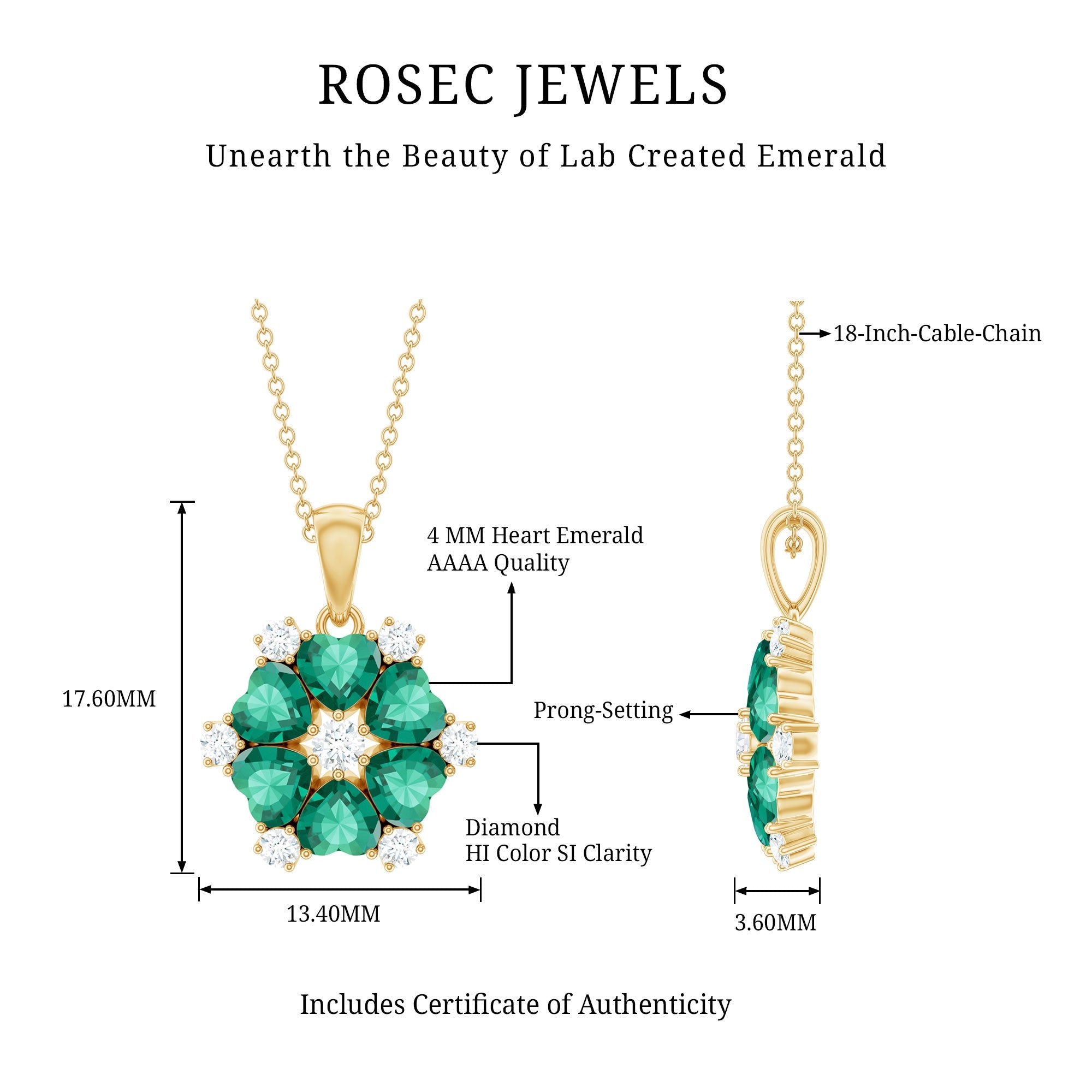 1.6 Carat Heart Shape Lab Created Emerald and Diamond Flower Pendant