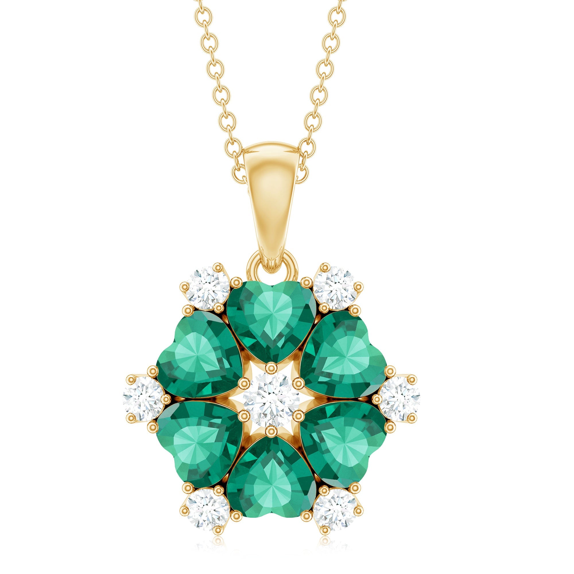 1.6 Carat Heart Shape Lab Created Emerald and Diamond Flower Pendant