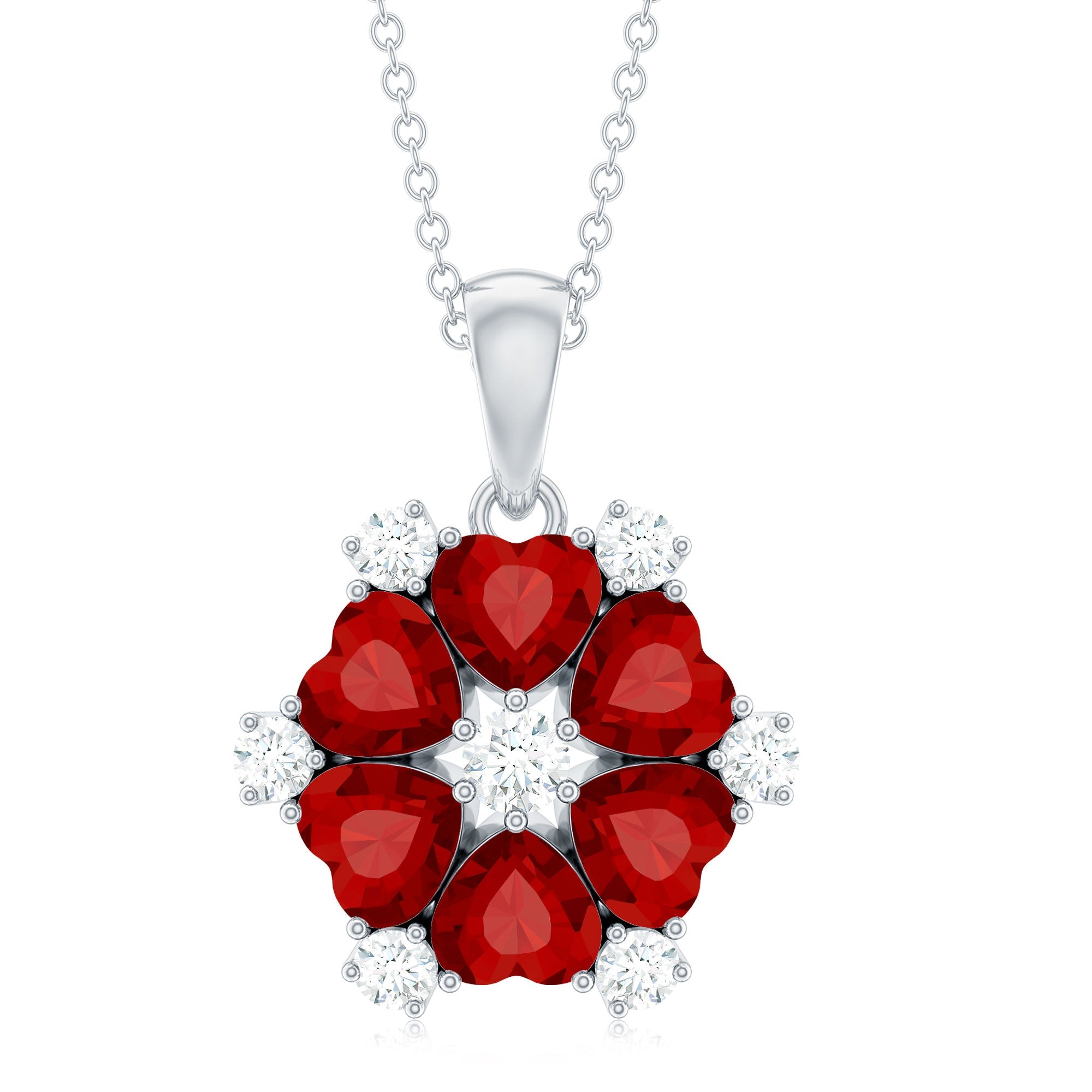 2.7 Carat Heart Shape Lab Created Ruby and Diamond Flower Necklace