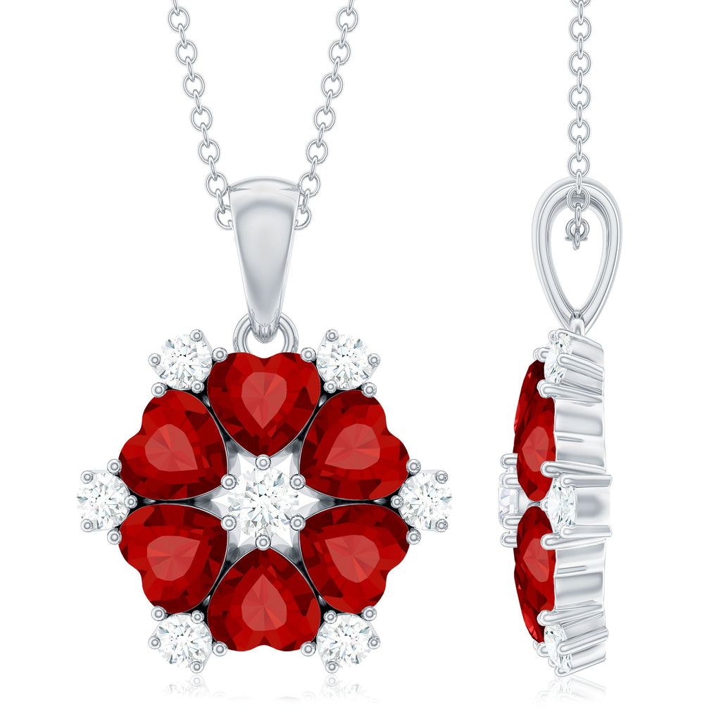 2.7 Carat Heart Shape Lab Created Ruby and Diamond Flower Necklace