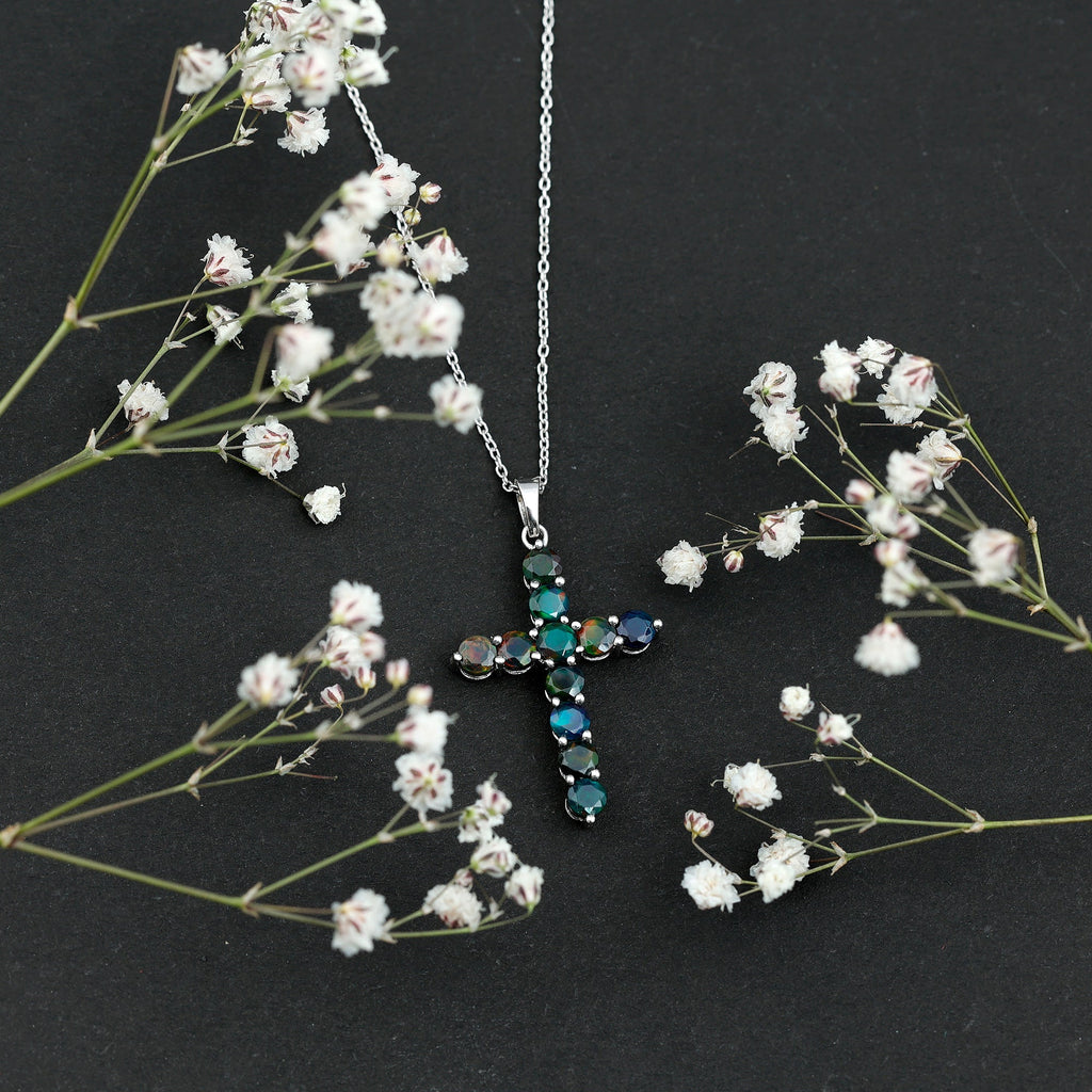 Natural Black Opal Cross Pendant Necklace in Silver
