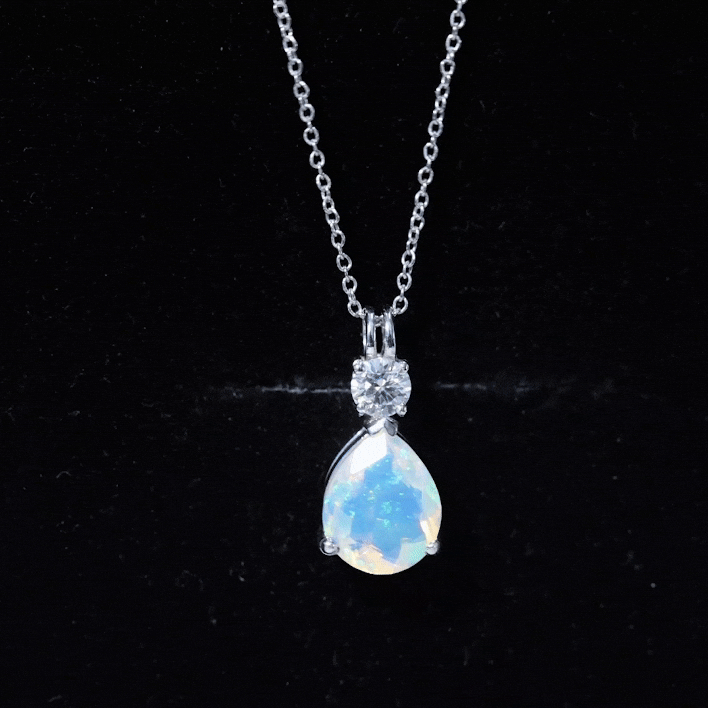 8X10MM Pear Shaped Rainbow Opal Teardrop Necklace with Moissanite