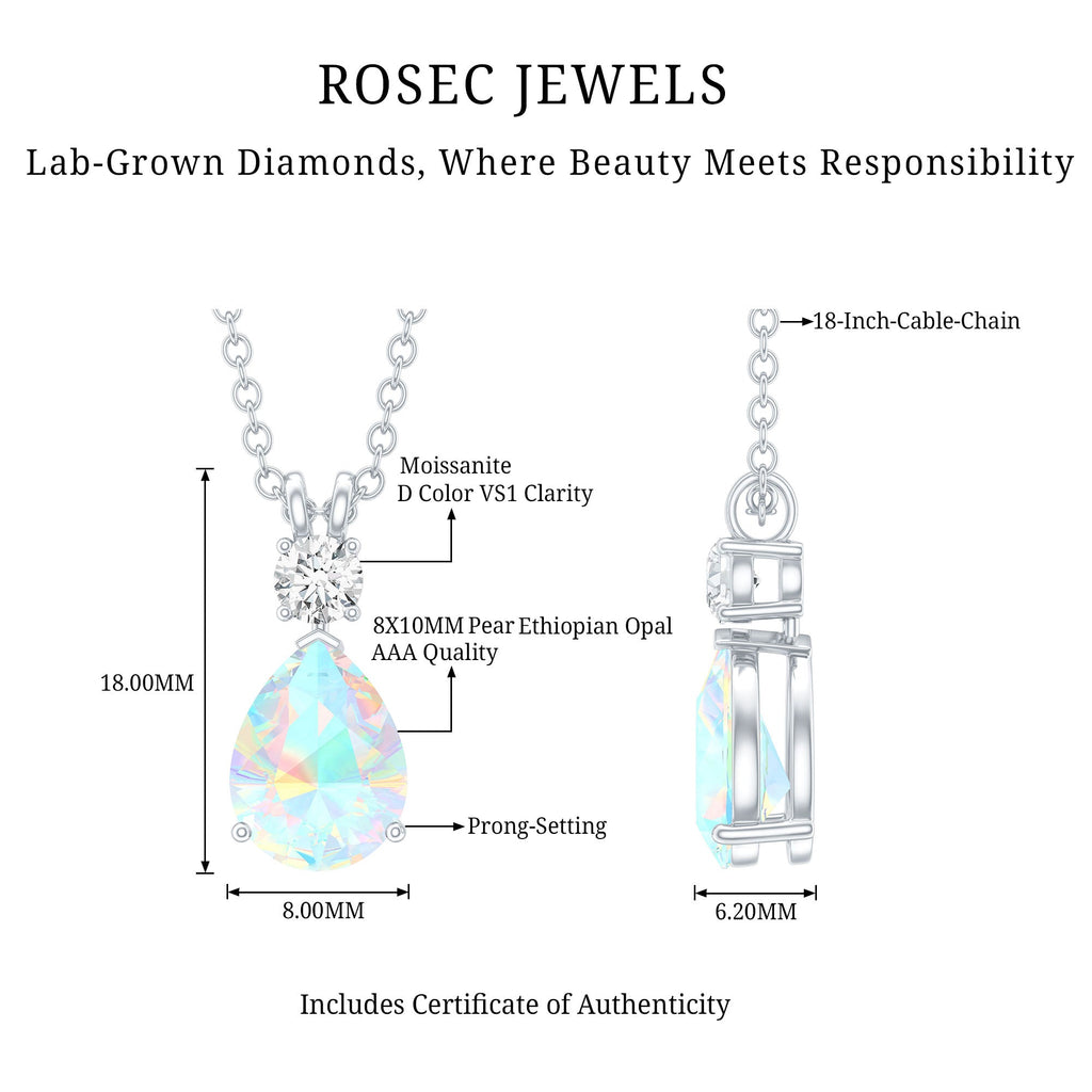 8X10MM Pear Shaped Rainbow Opal Teardrop Necklace with Moissanite
