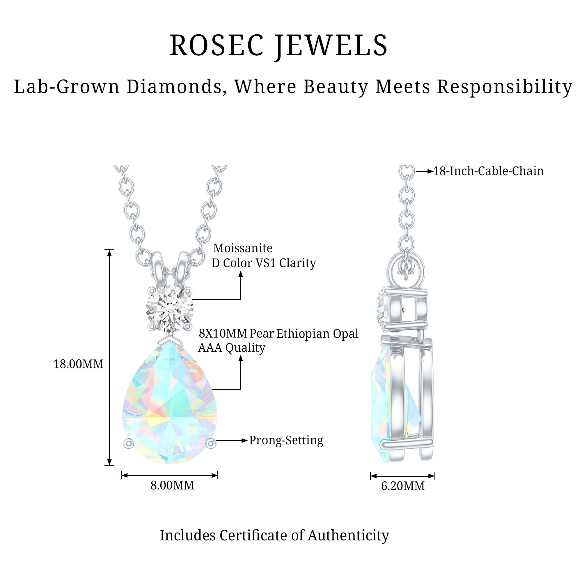 8X10MM Pear Shaped Rainbow Opal Teardrop Necklace with Moissanite