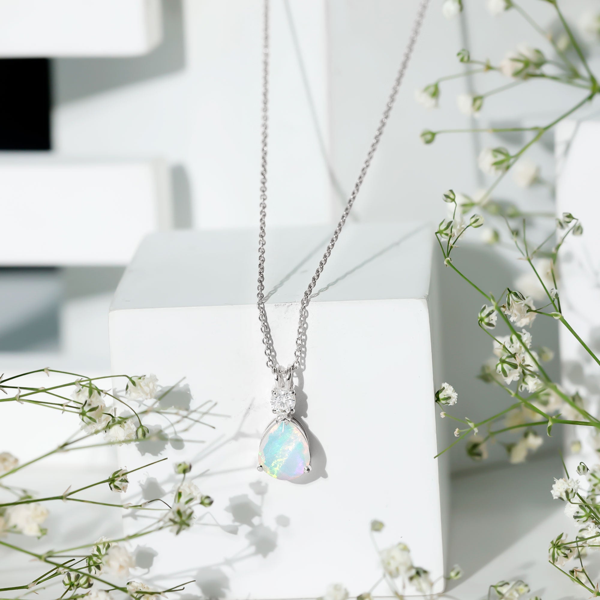 8X10MM Pear Shaped Rainbow Opal Teardrop Necklace with Moissanite
