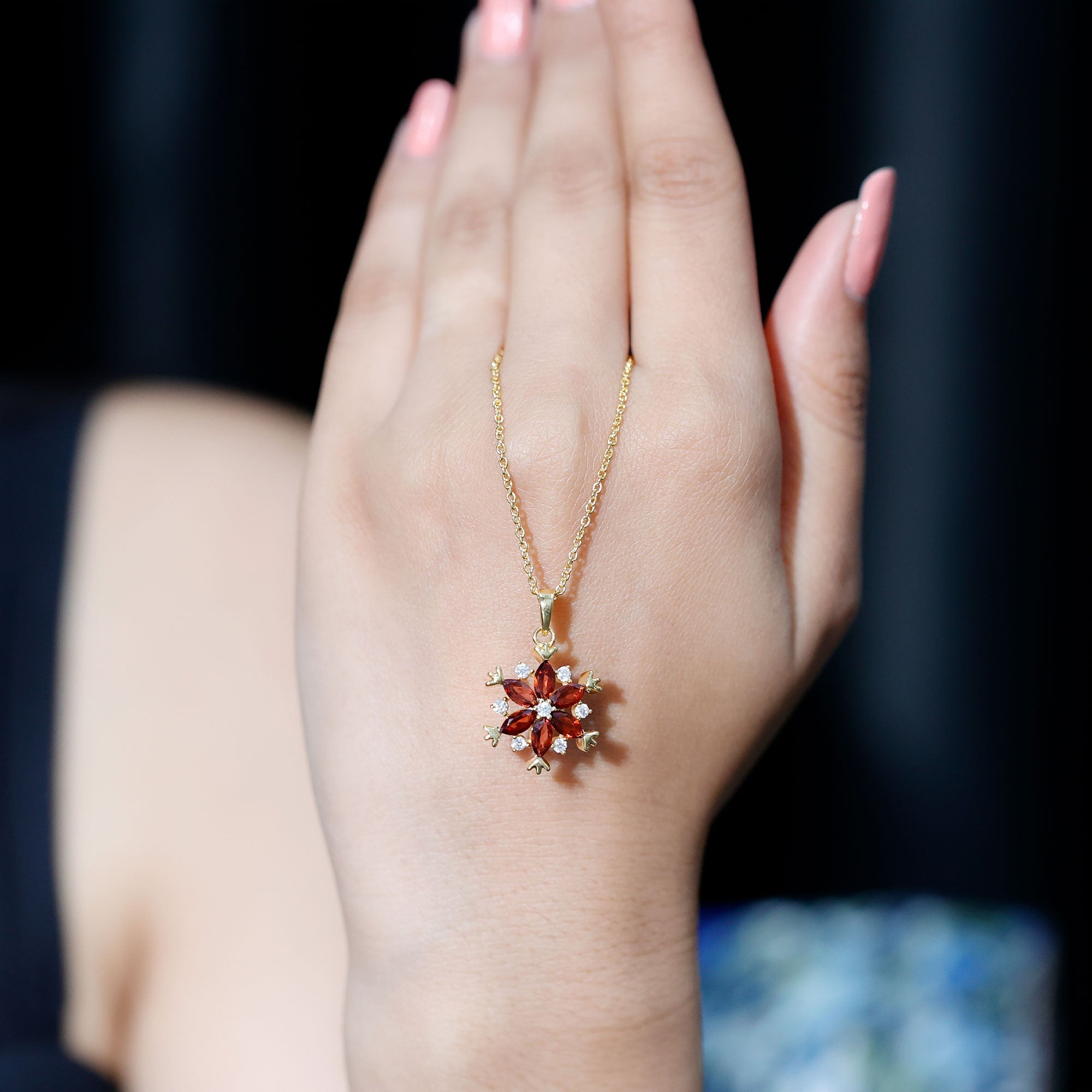 Real Garnet Flower Pendant Necklace in Yellow Gold Plated Silver