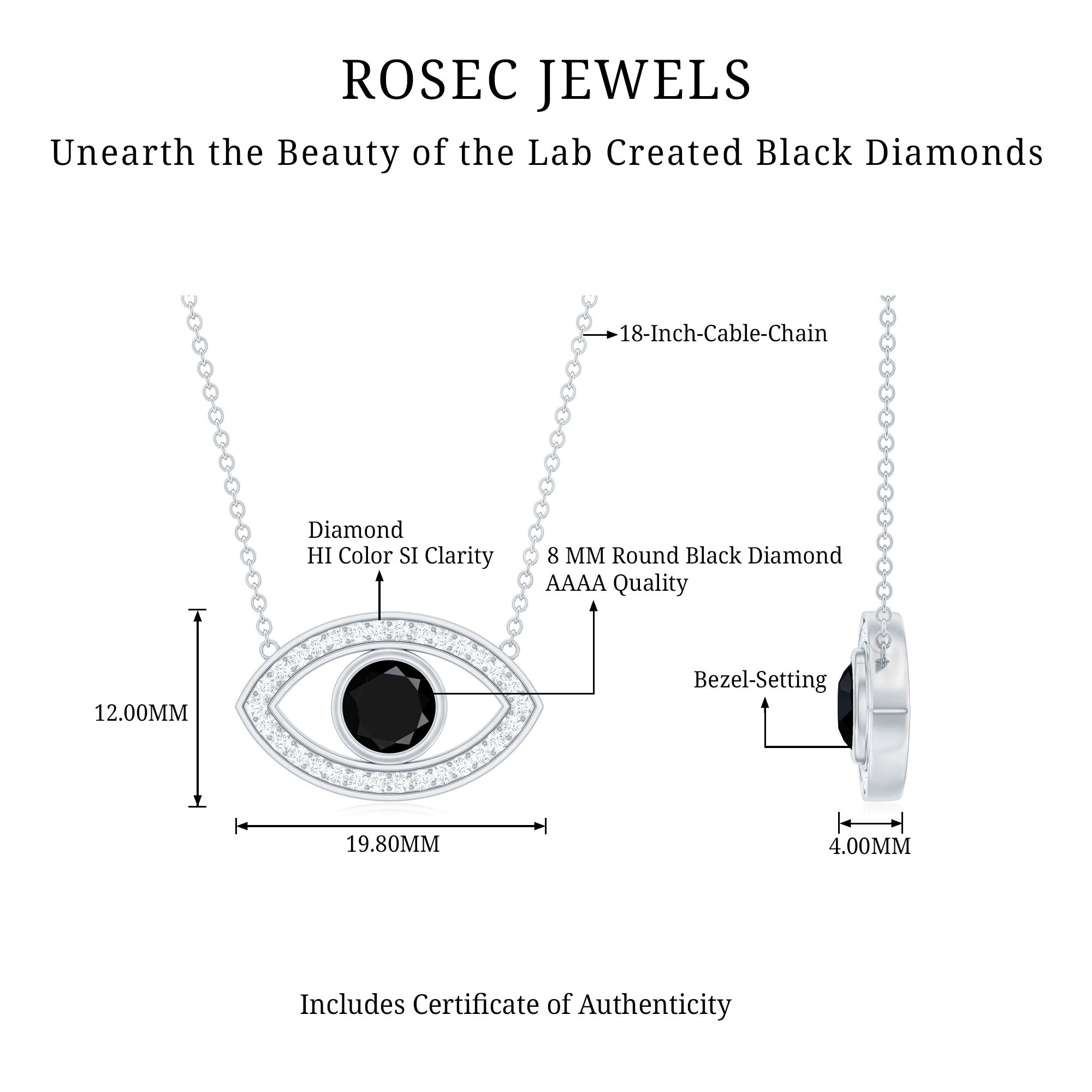 Gothic Lab Created Black Diamond Evil Eye Necklace With Diamond