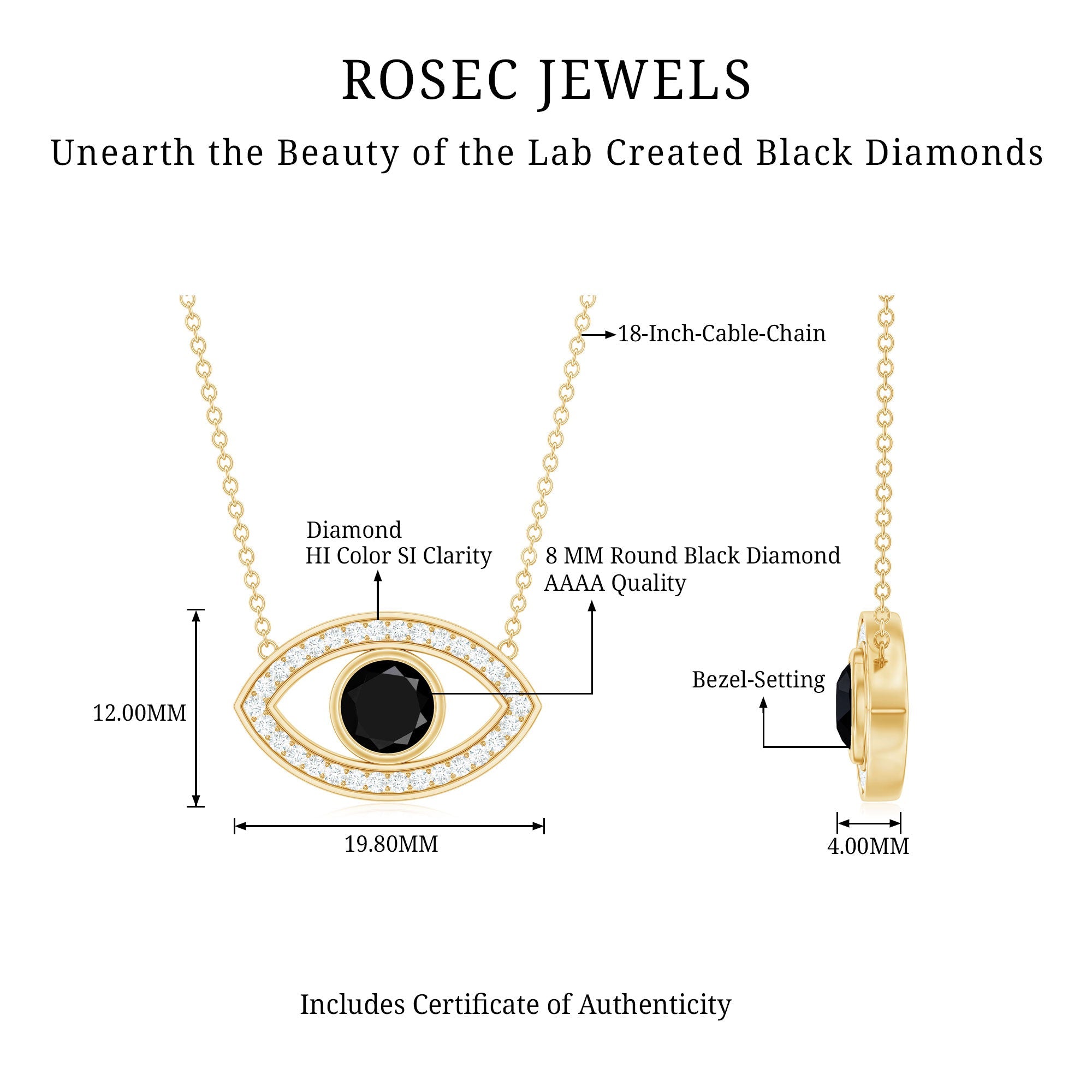 Gothic Lab Created Black Diamond Evil Eye Necklace With Diamond