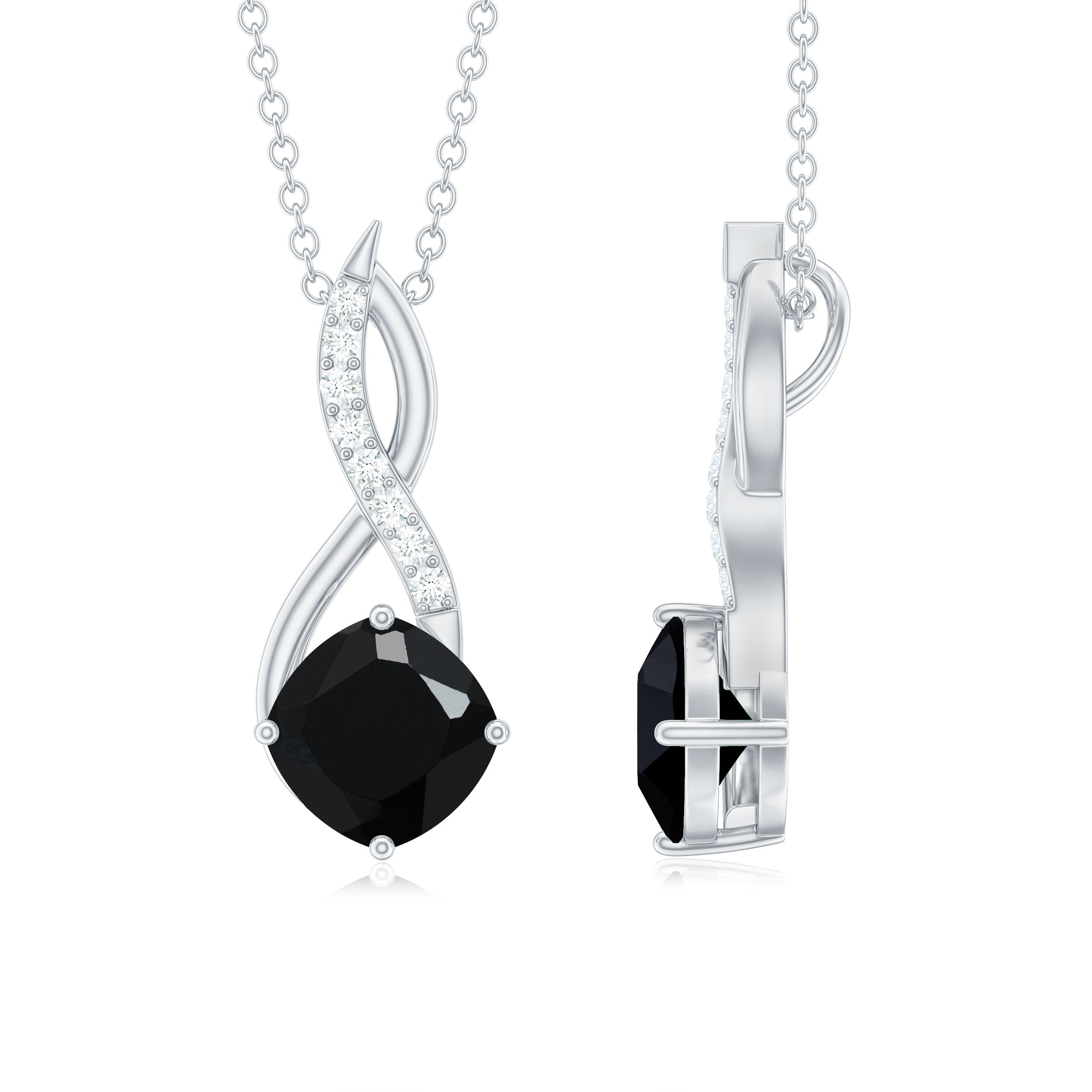 Cushion Cut Black Onyx Solitaire Infinity Necklace with Lab Diamond