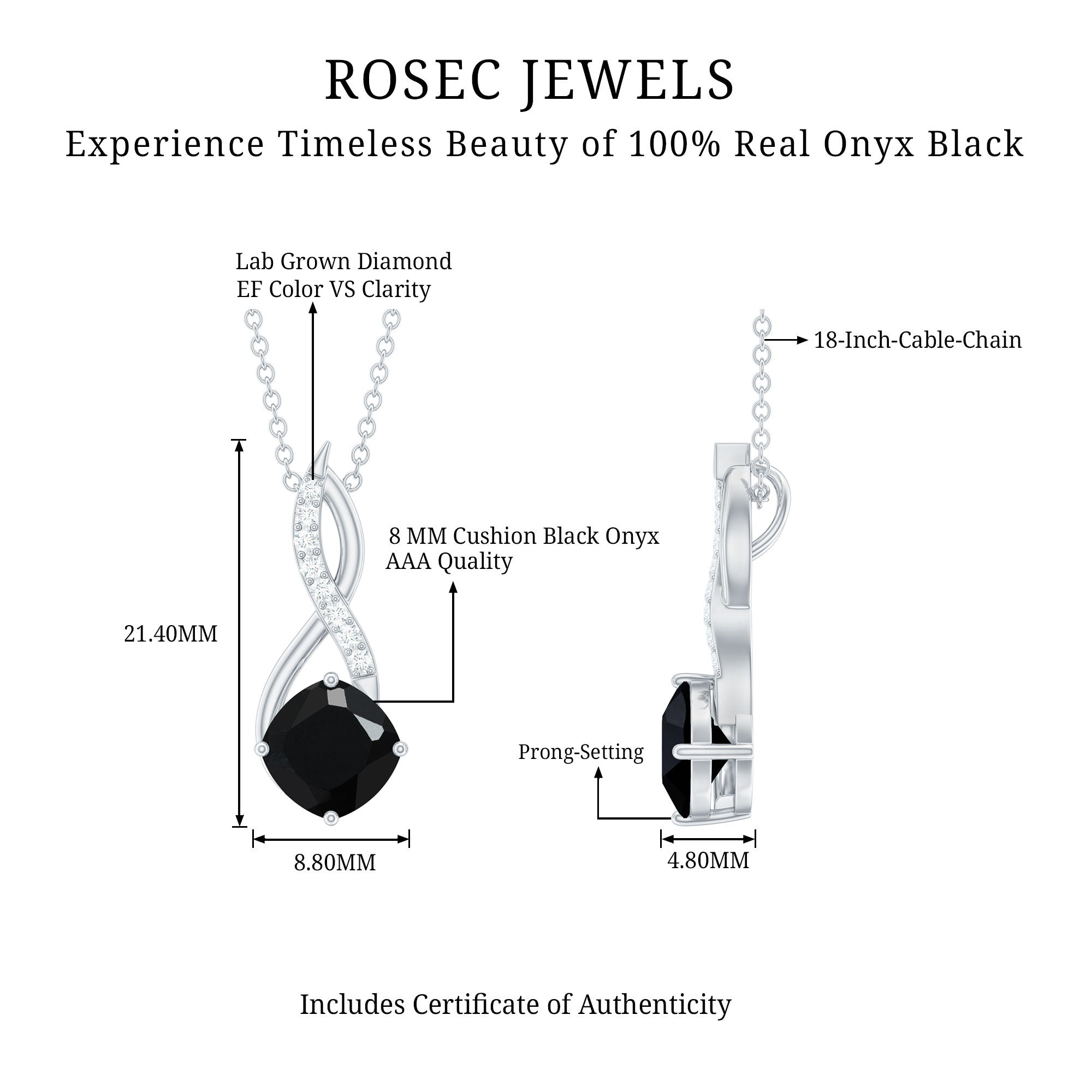 Cushion Cut Black Onyx Solitaire Infinity Necklace with Lab Diamond