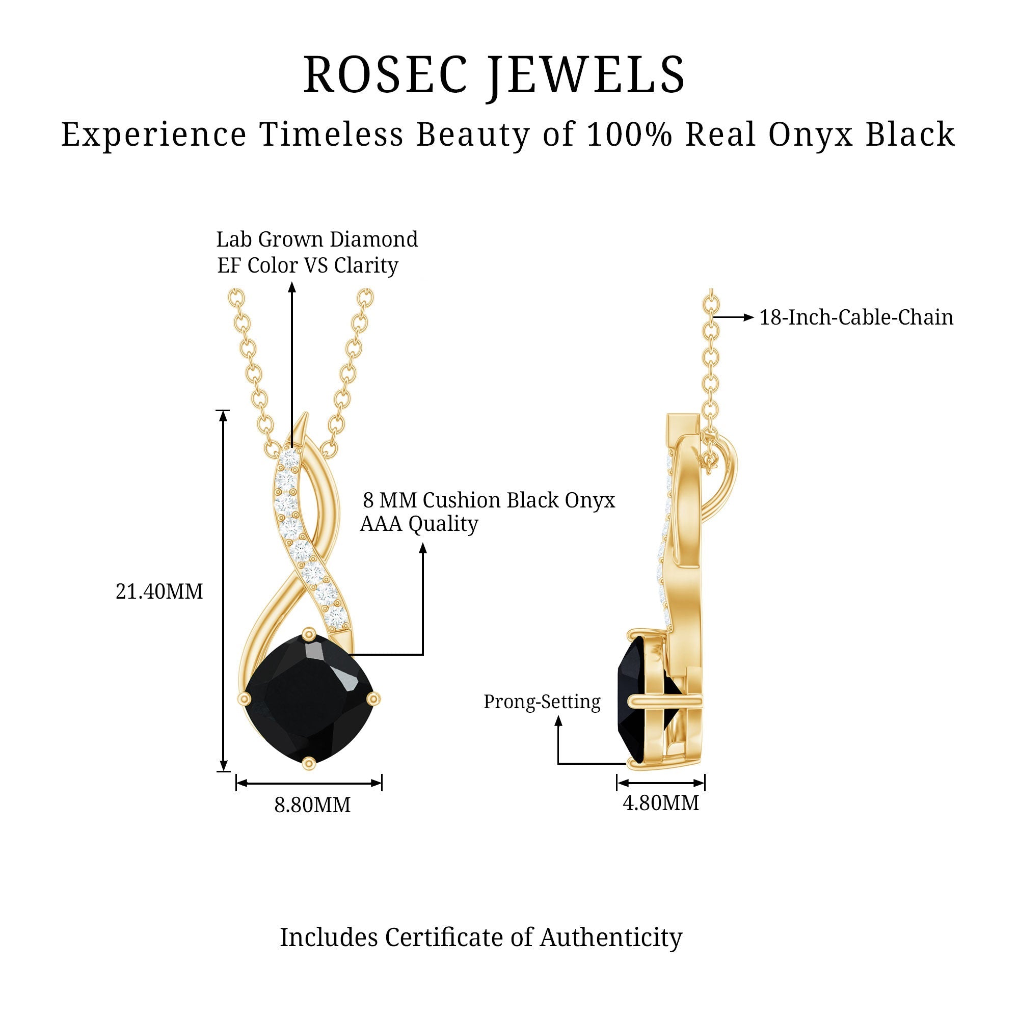 Cushion Cut Black Onyx Solitaire Infinity Necklace with Lab Diamond