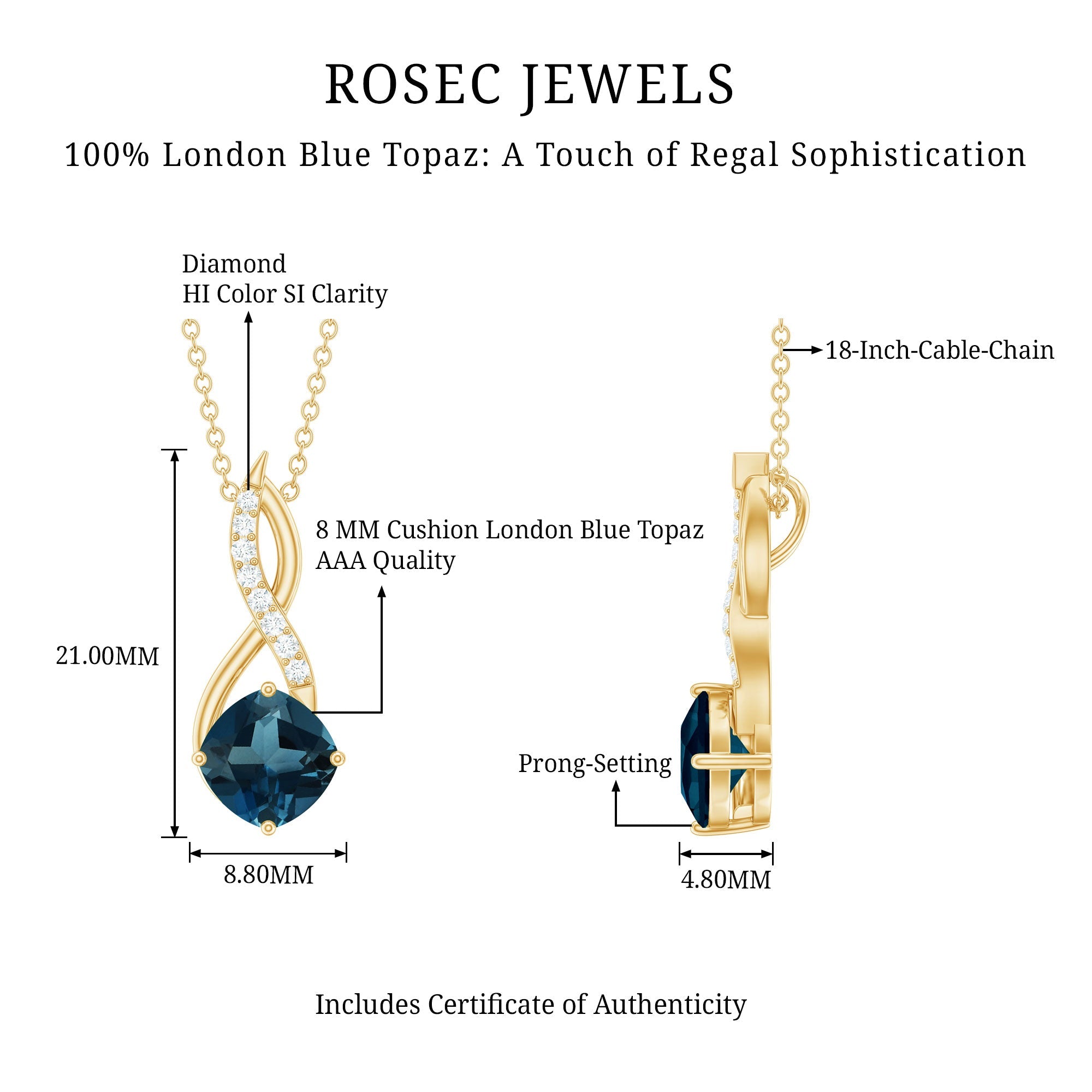 2.8 Carat Cushion Cut London Blue Topaz Infinity Pendant with Diamond