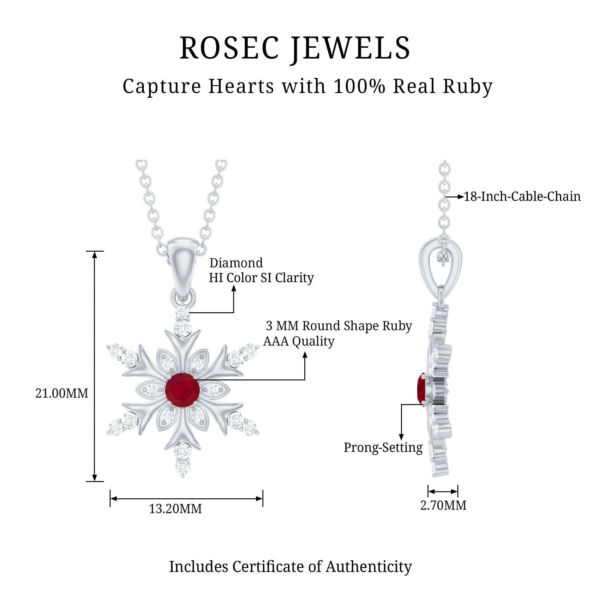 Natural Ruby and Diamond Snowflake Pendant Necklace