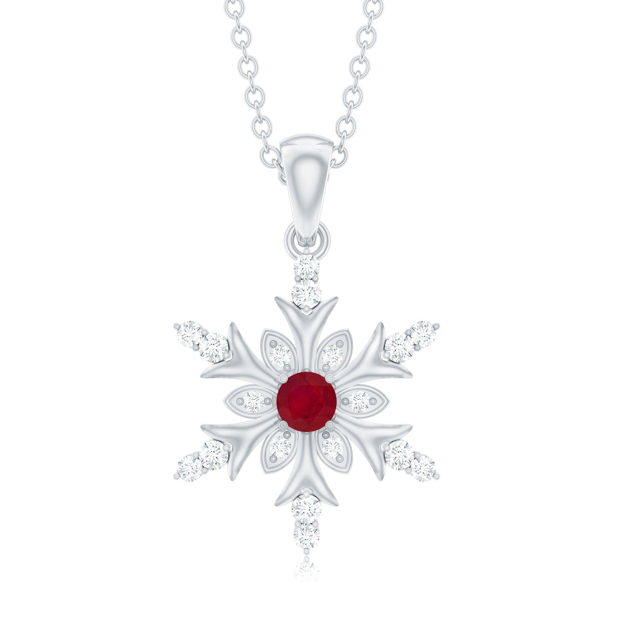 Natural Ruby and Diamond Snowflake Pendant Necklace