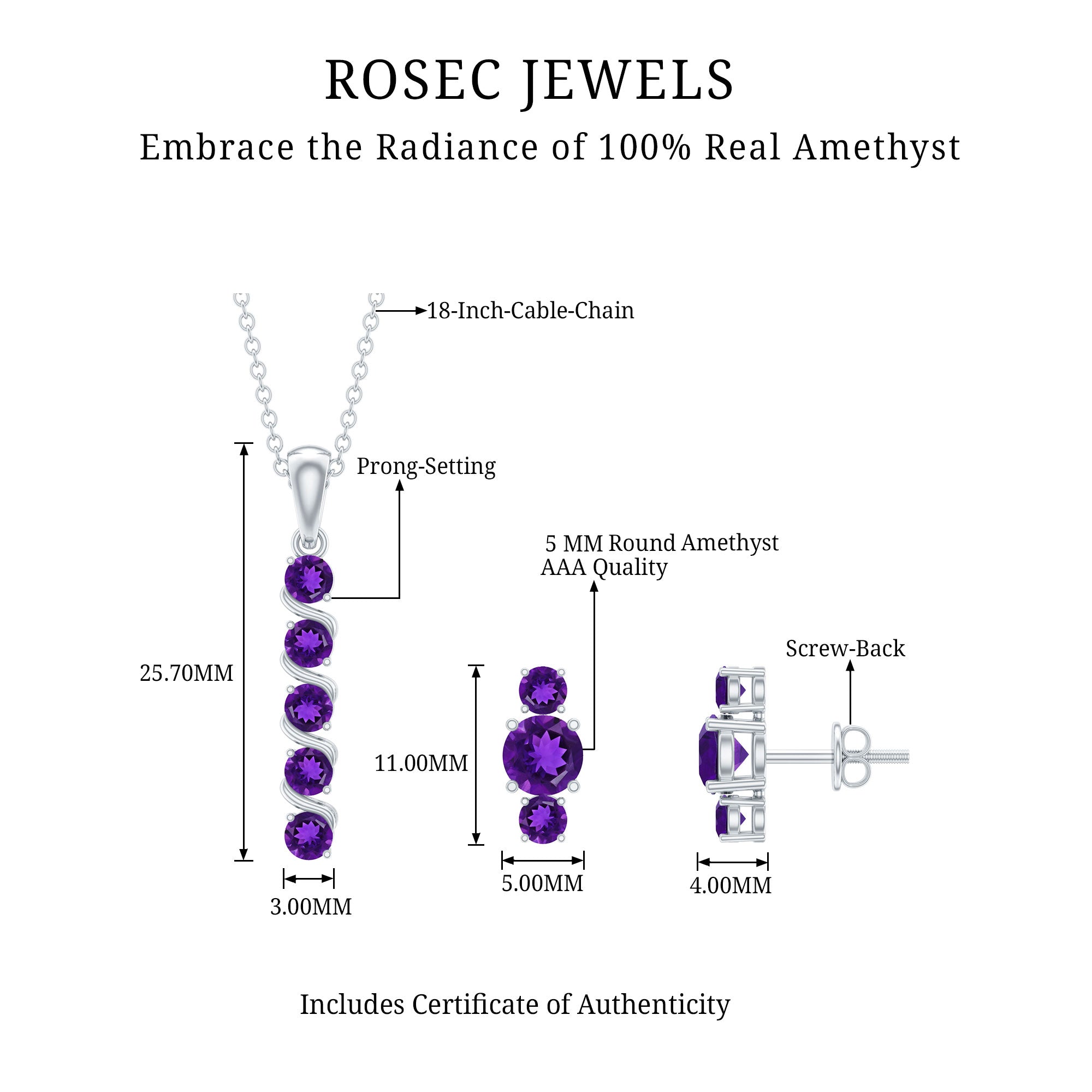Genuine Amethyst Bar Necklace and Earring Set