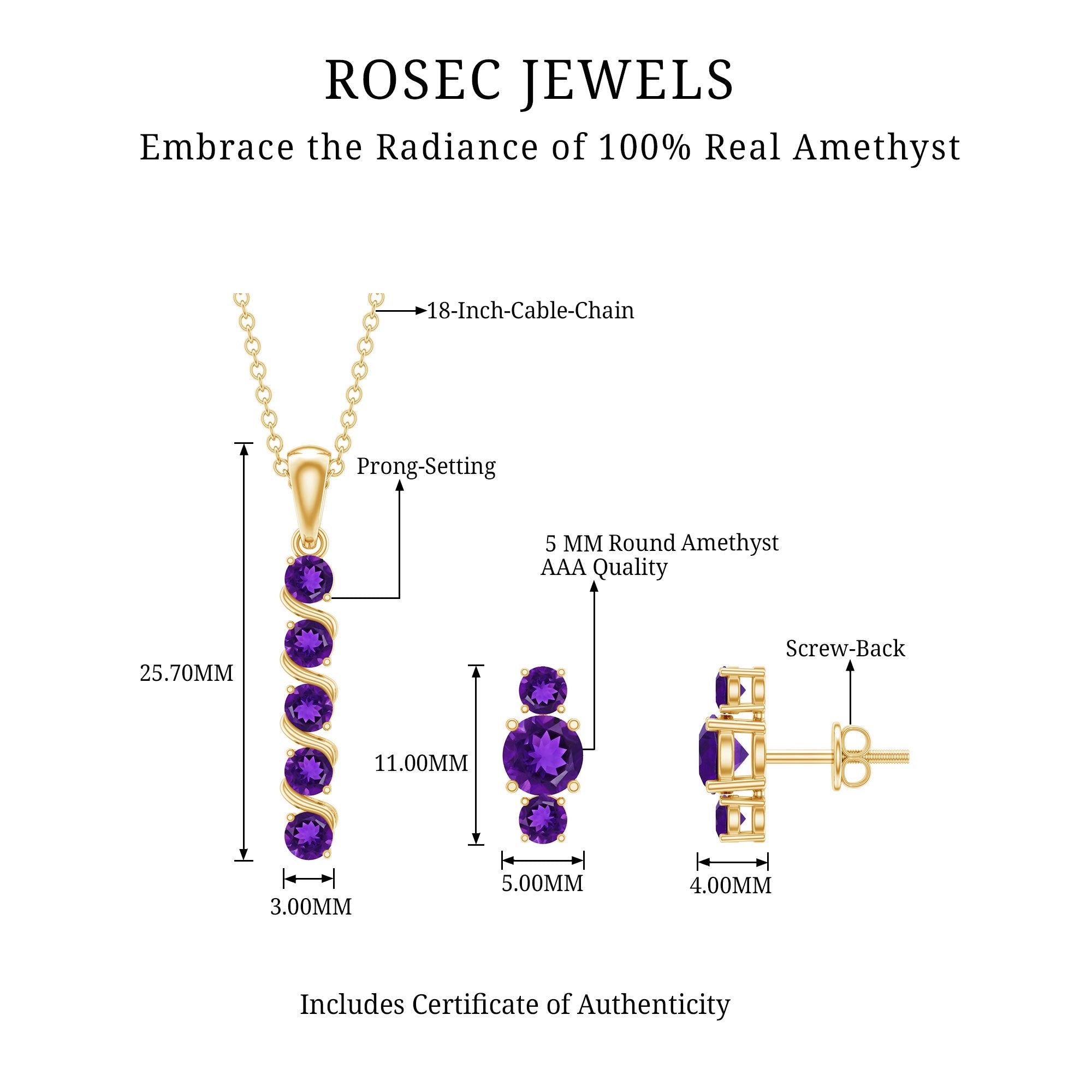 Genuine Amethyst Bar Necklace and Earring Set