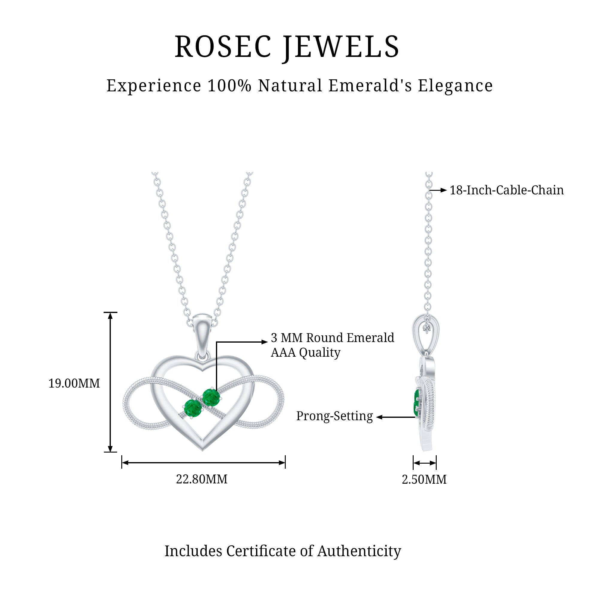 Heart Infinity Necklace with Real Emerald