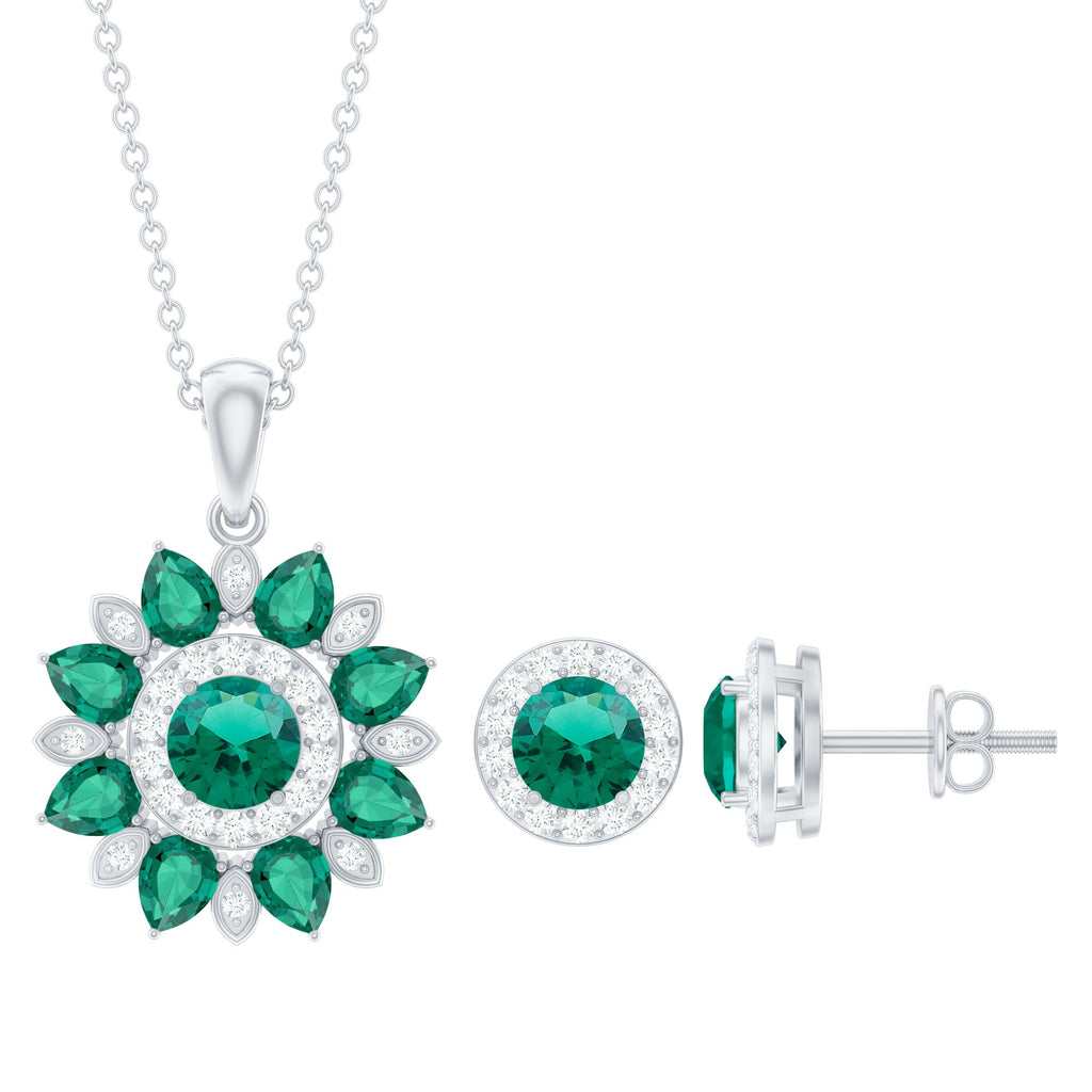 Certified Lab Created Emerald and Diamond Flower Jewelry Set