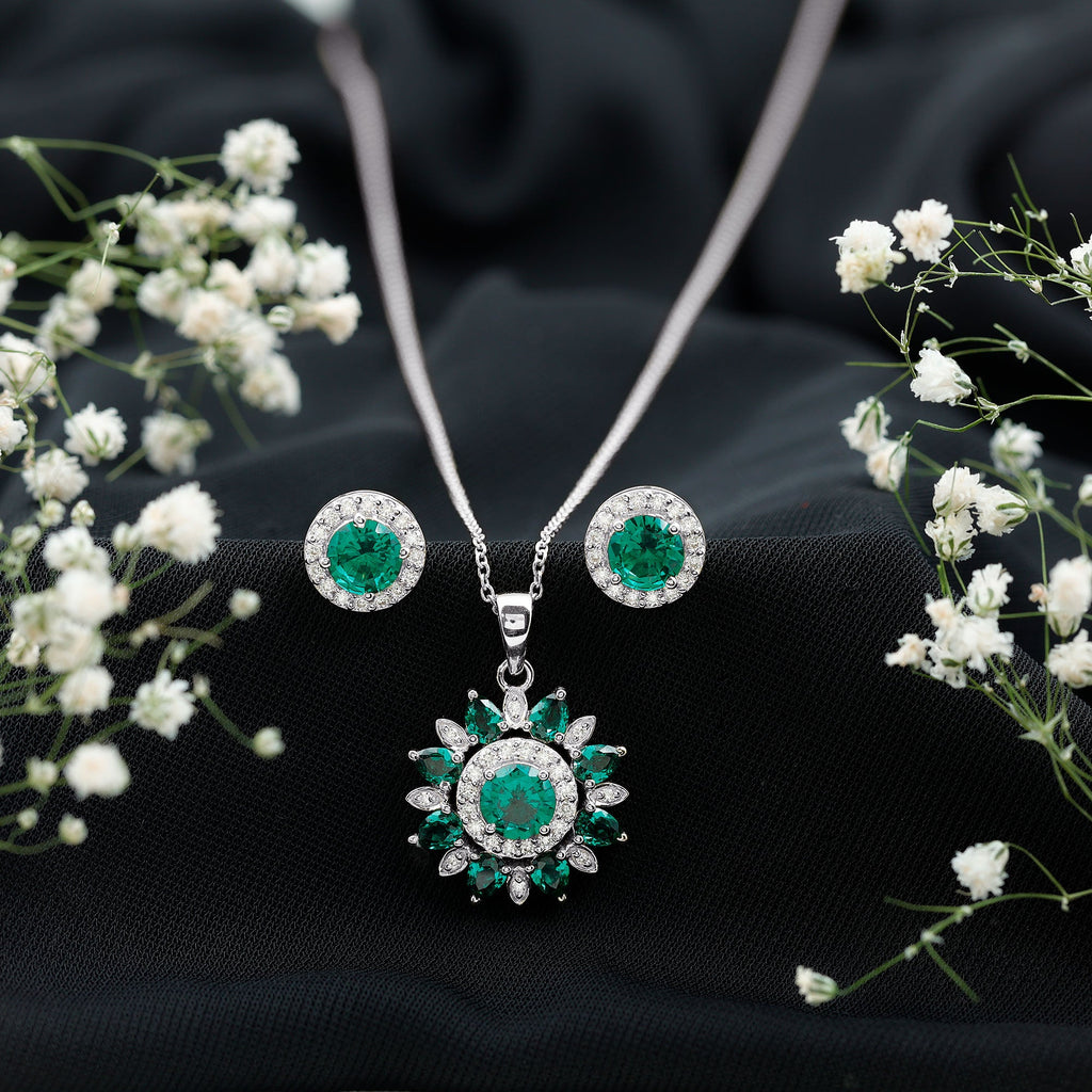 Certified Lab Created Emerald and Diamond Flower Jewelry Set
