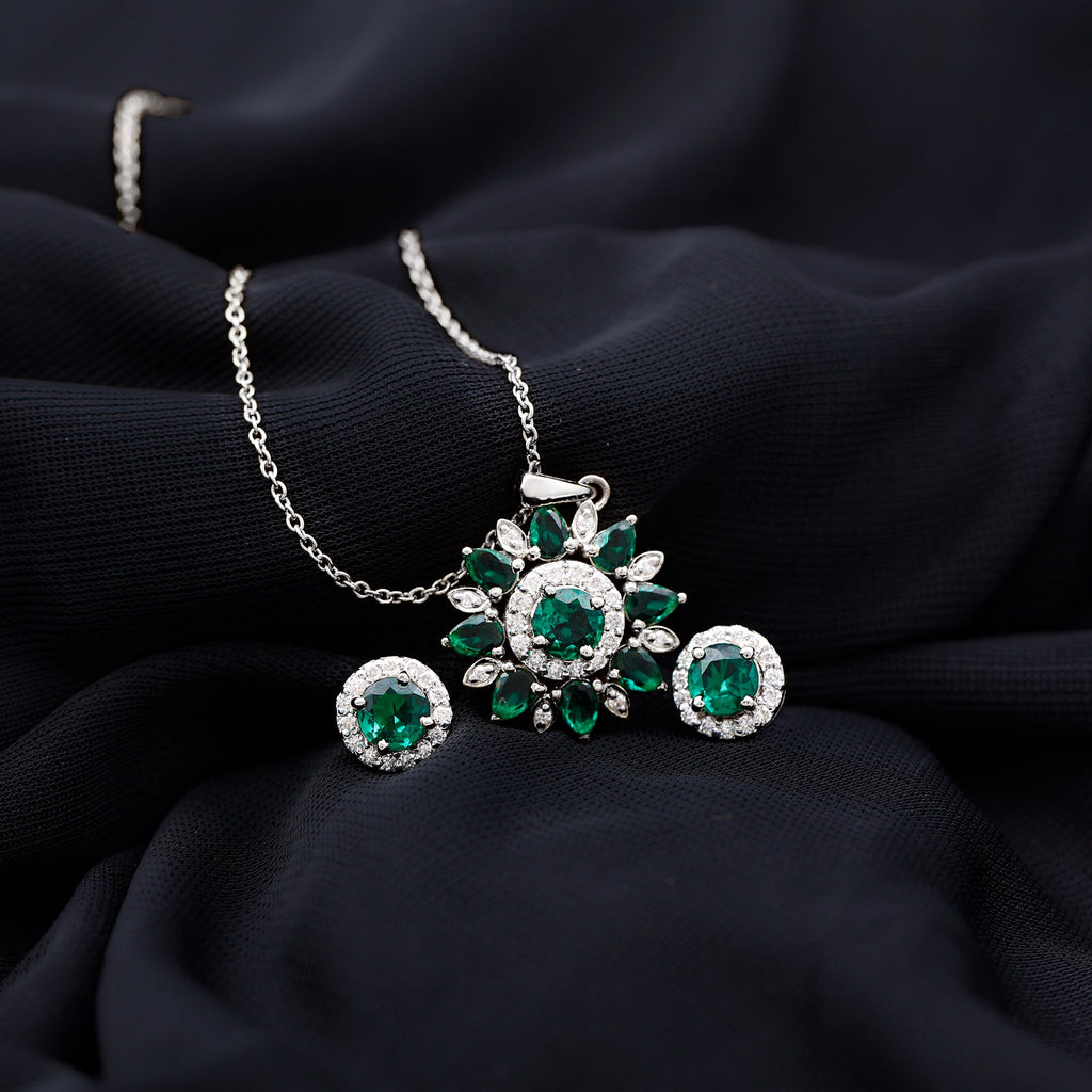 Certified Lab Created Emerald and Diamond Flower Jewelry Set