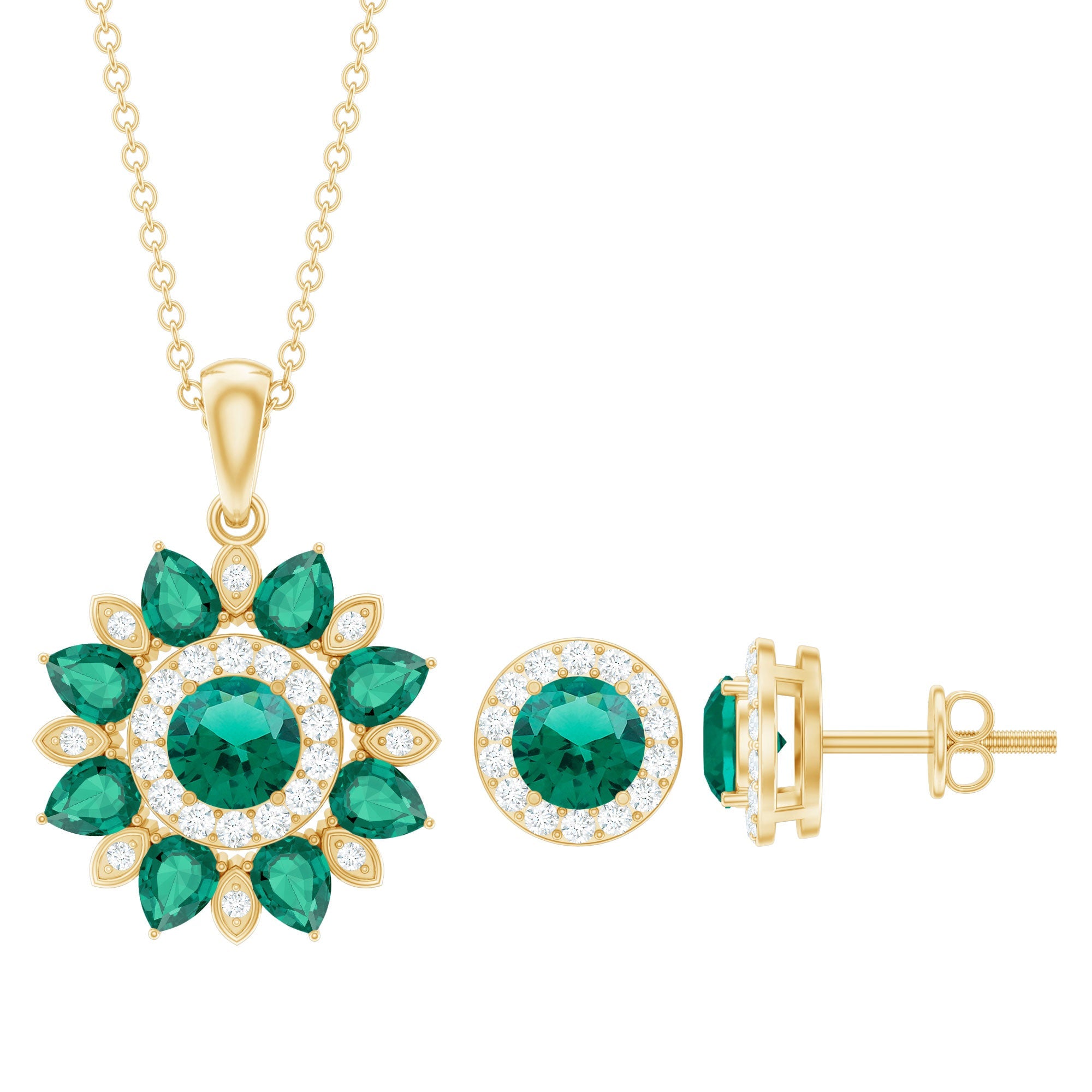 Certified Lab Created Emerald and Diamond Flower Jewelry Set