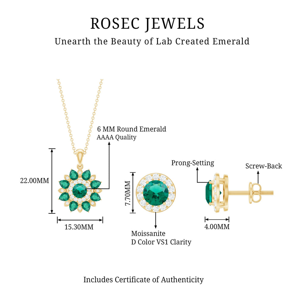 Certified Lab Created Emerald and Diamond Flower Jewelry Set