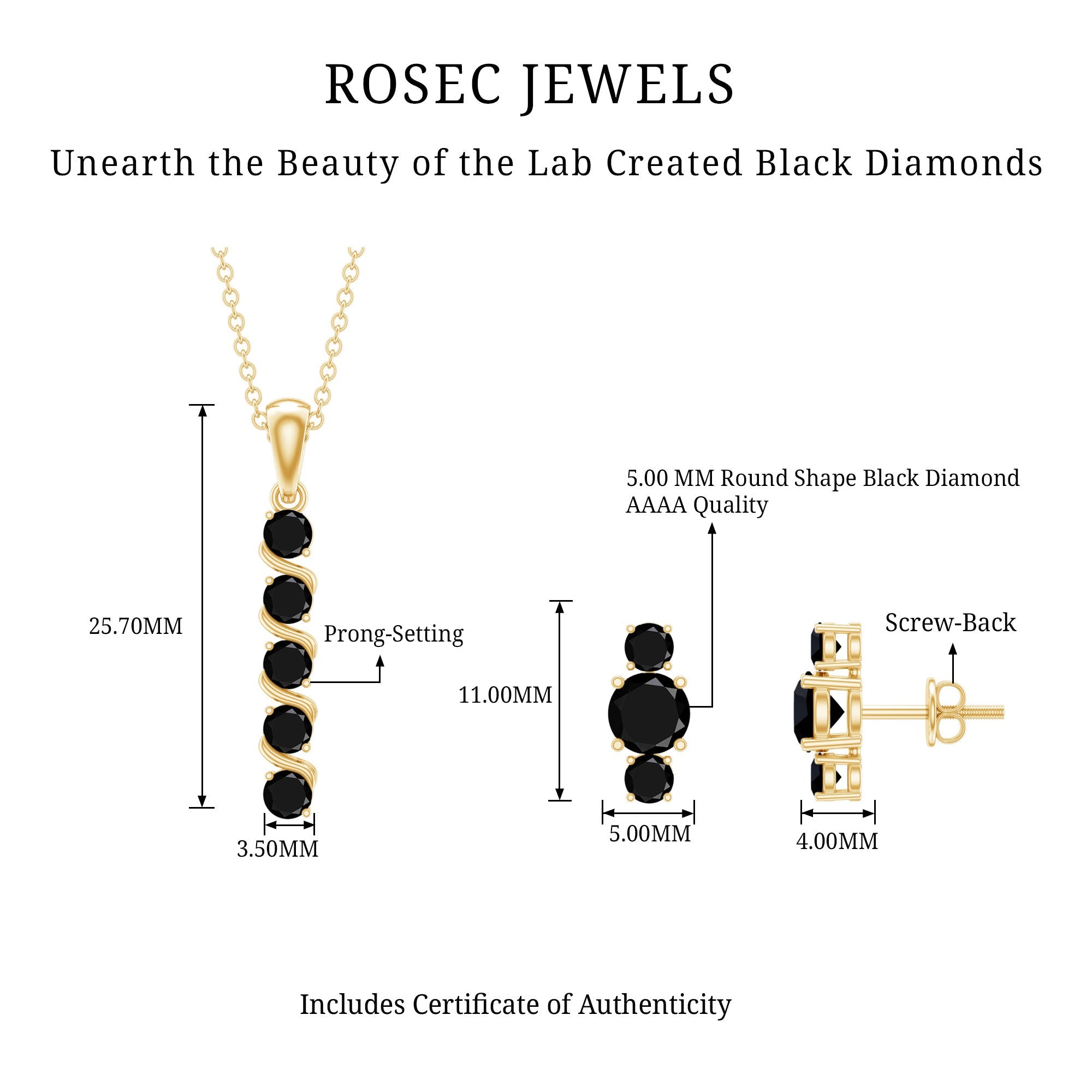 Lab Grown Black Diamond Bar Necklace and Earrings Set