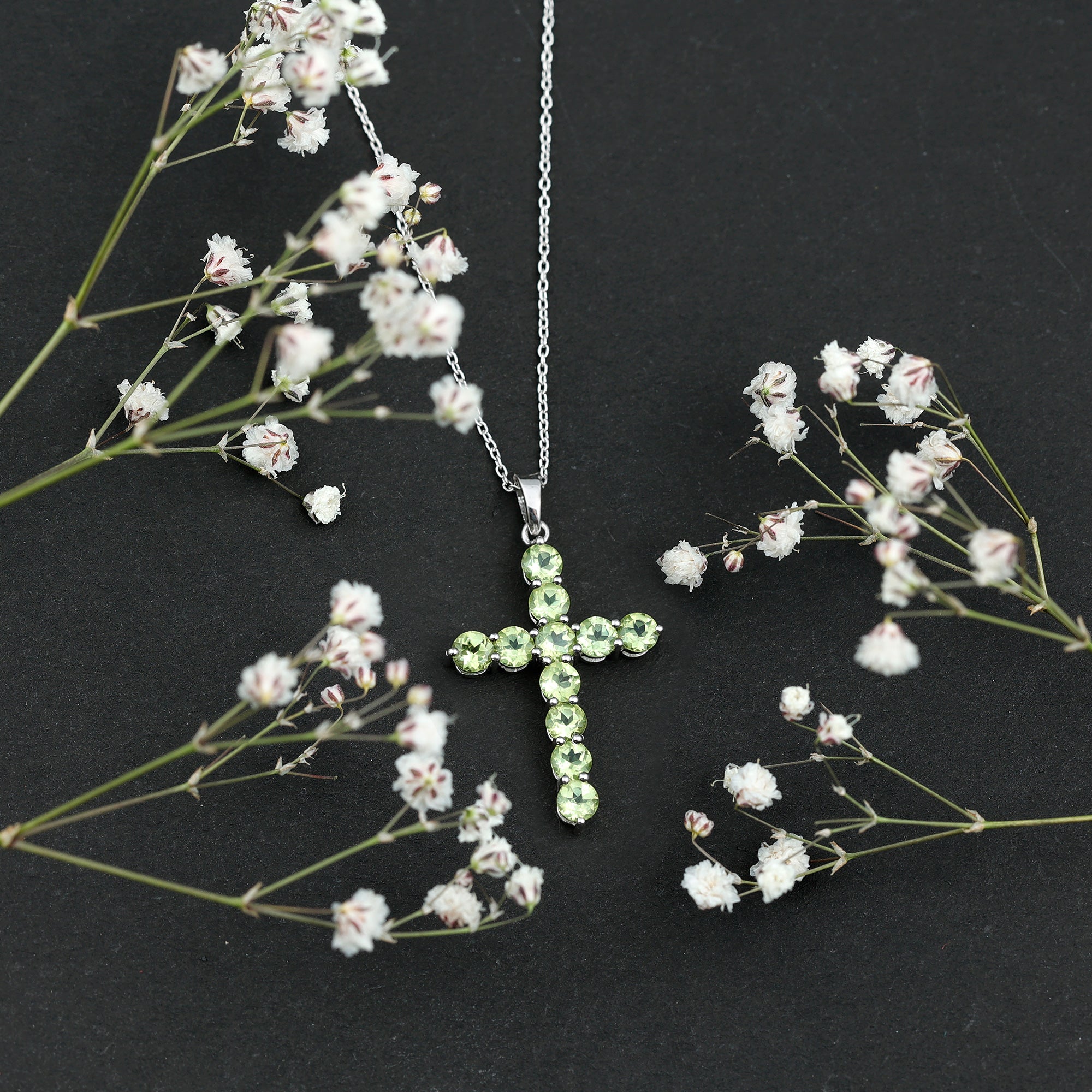 Natural 2.4 Carat Peridot Cross Pendant Necklace with Silver Chain