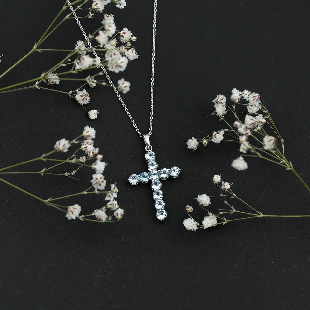 Womens Cross Necklace with Sky Blue Topaz