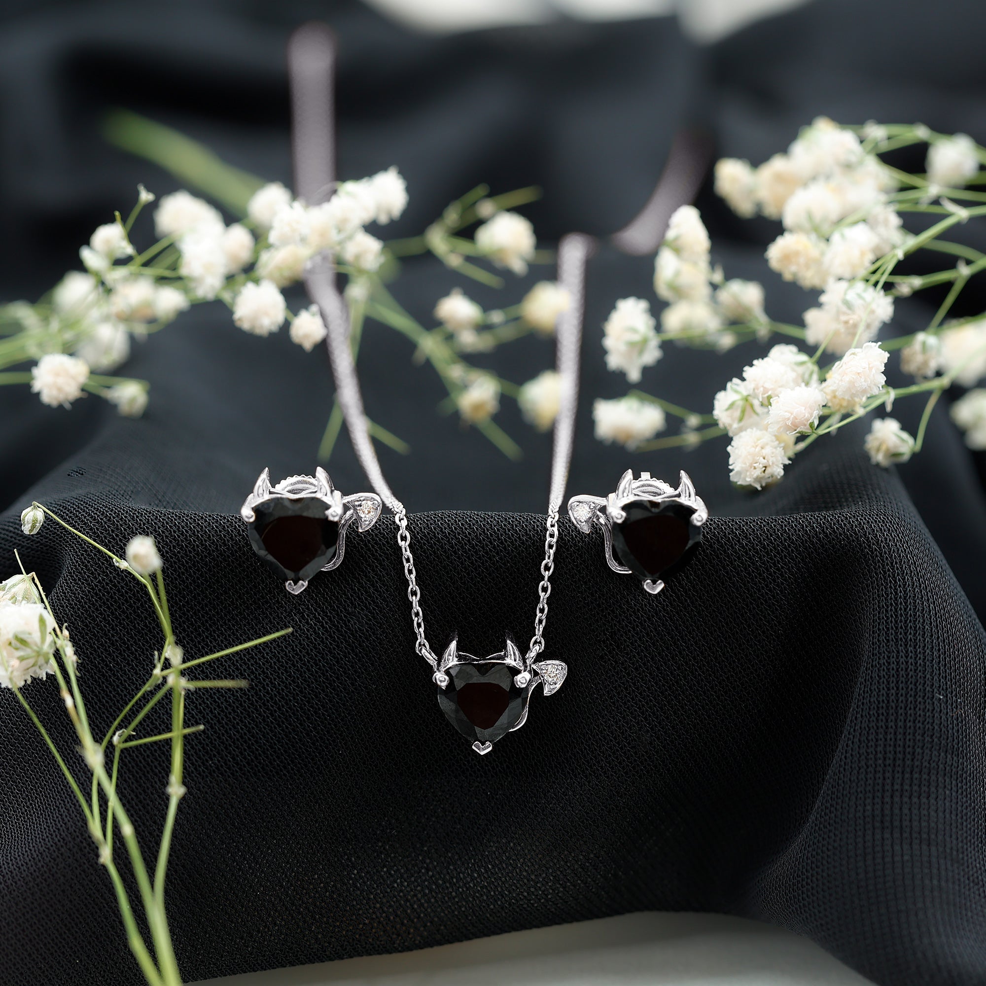 Heart Shape Lab Grown Black and White Diamond Devil Jewelry Set