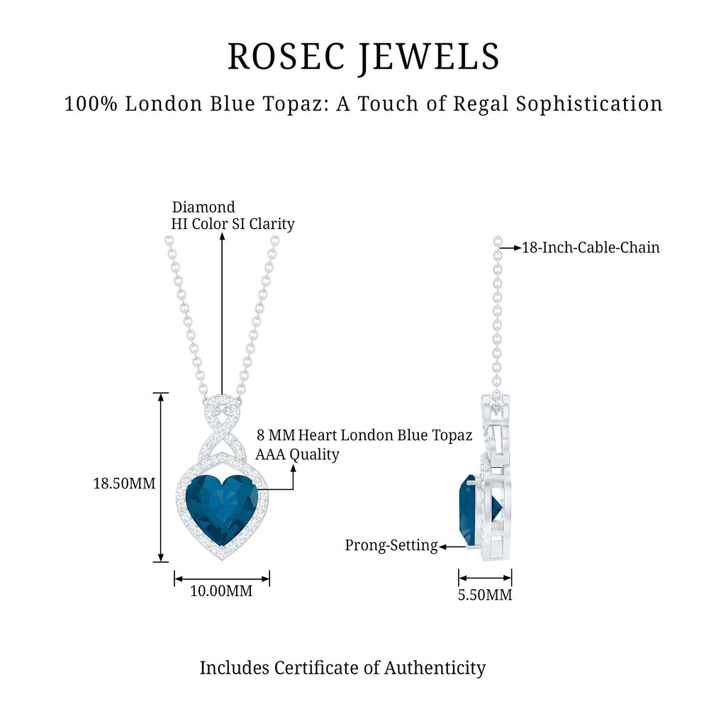 2 Carat Heart Shape London Blue Topaz Infinity Necklace with Diamond
