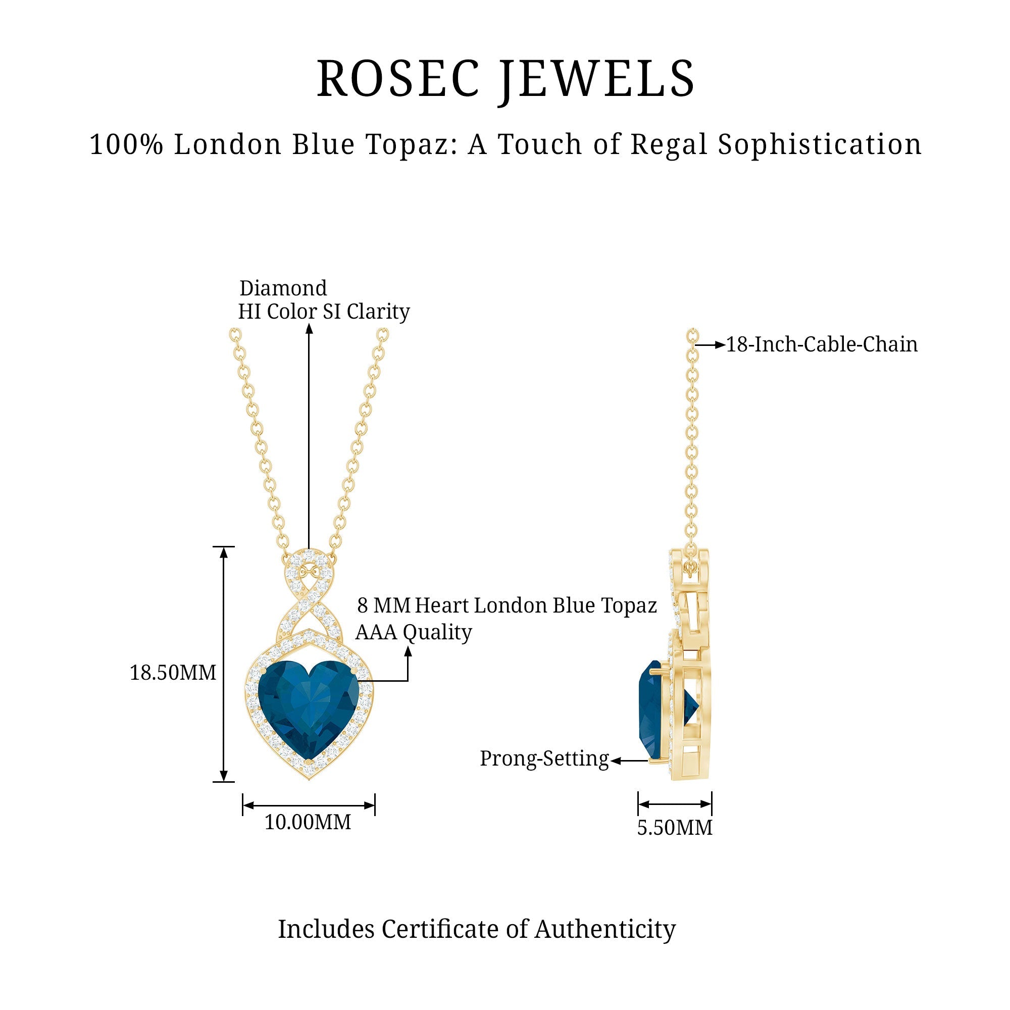 2 Carat Heart Shape London Blue Topaz Infinity Necklace with Diamond