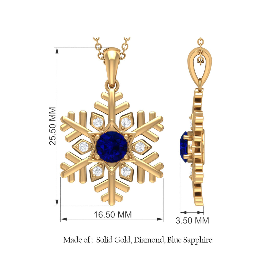 Genuine 1 Carat Blue Sapphire Snowflake Pendant Necklace with Diamond