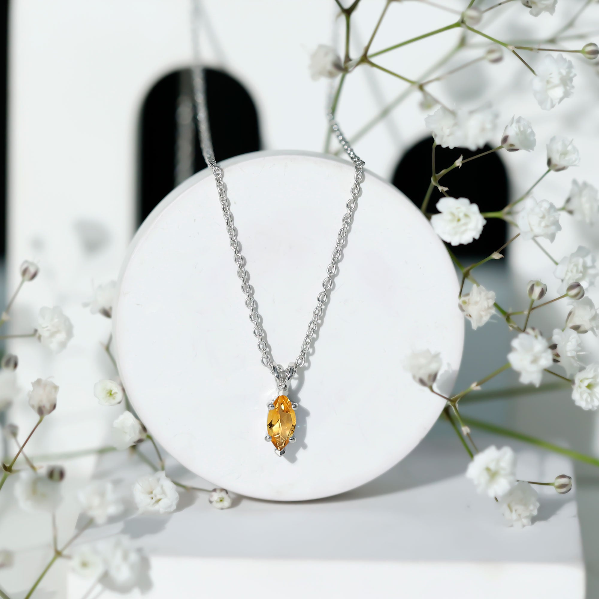 Marquise Cut 4X8 MM Citrine Solitaire Necklace with Silver Chain