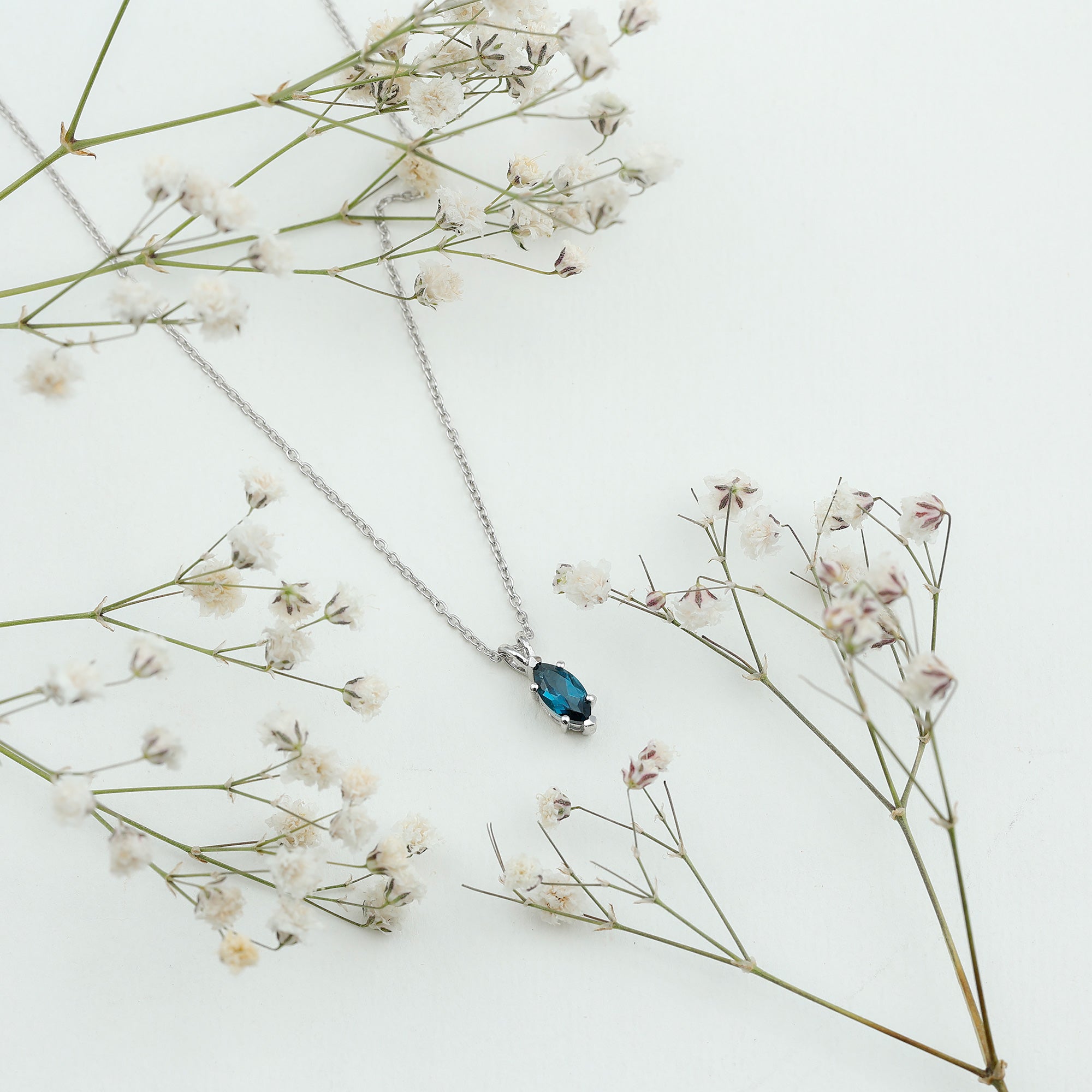 Real 0.7 Carat Marquise London Blue Topaz Necklace with Silver Chain
