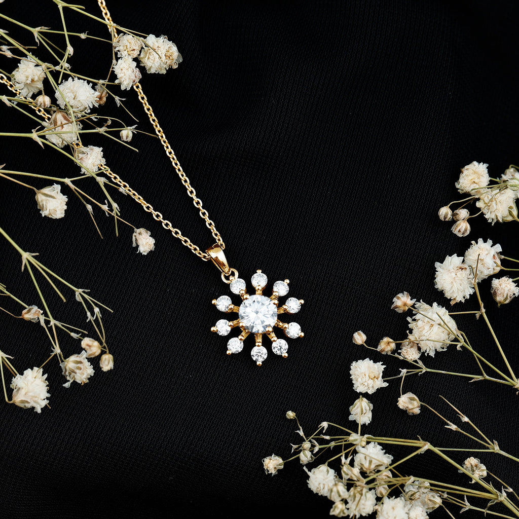 Certified Moissanite Snowflake Necklace in Yellow Gold Plated Silver