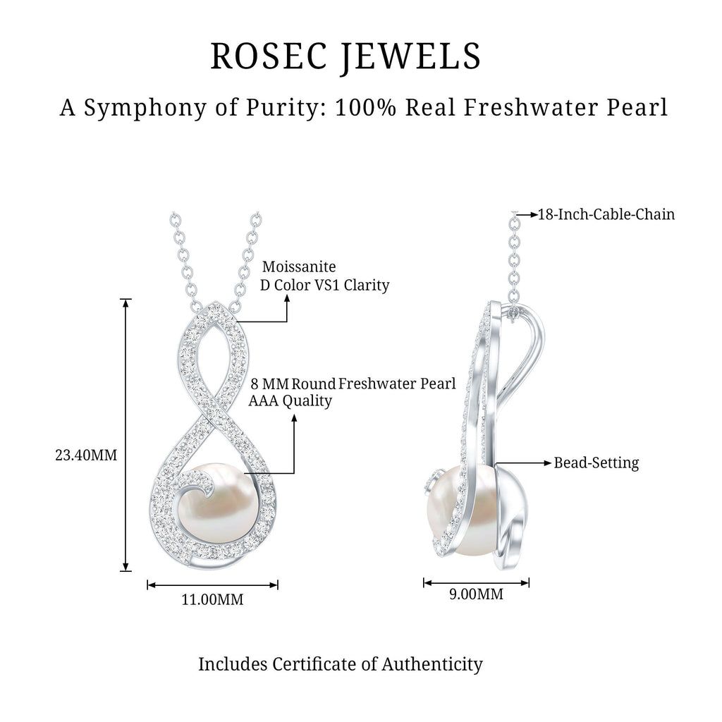 Freshwater White Pearl and Moissanite Infinity Pendant in Silver