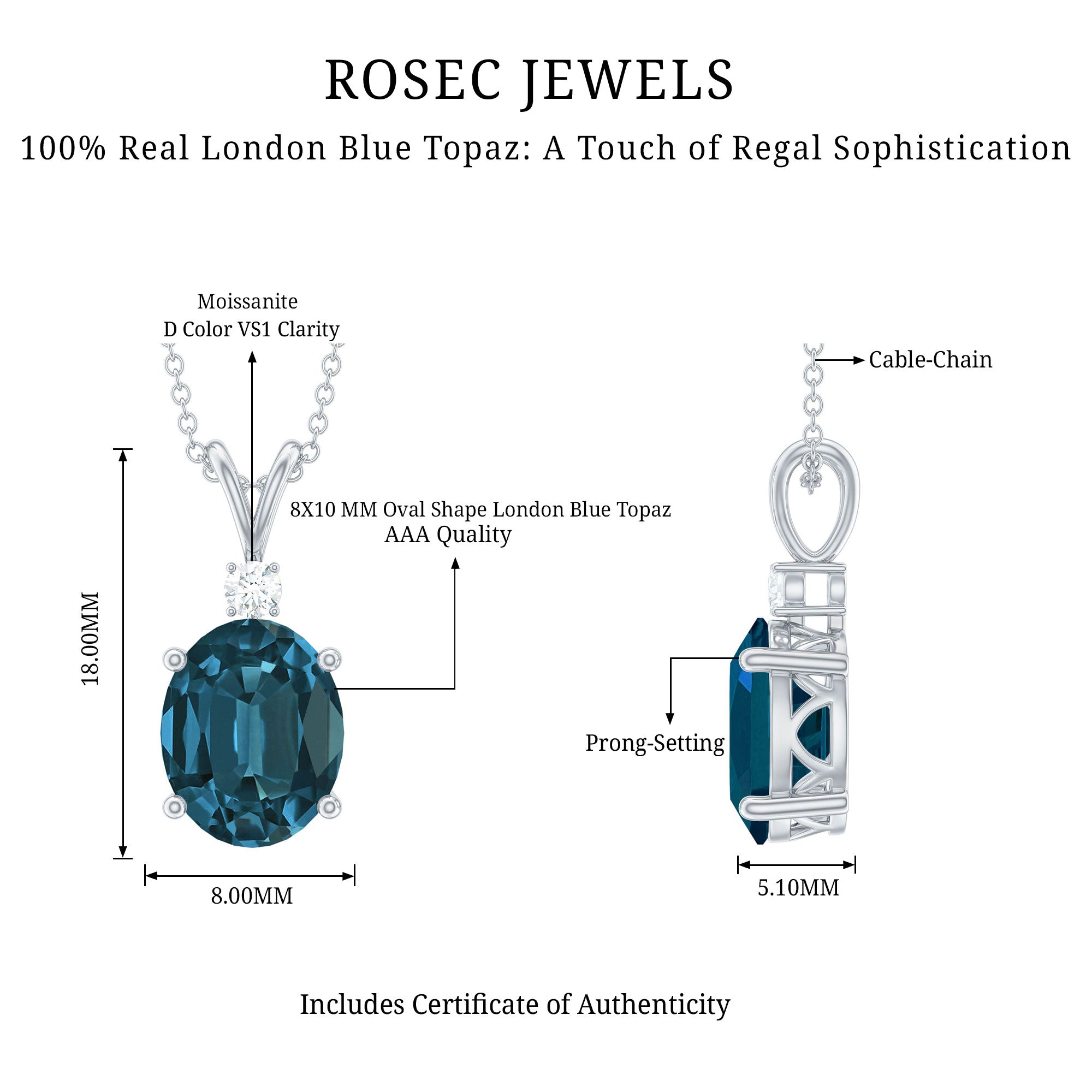 Real 2.5 Carat Oval Shape Real London Blue Topaz Oval Necklace With Silver Chain