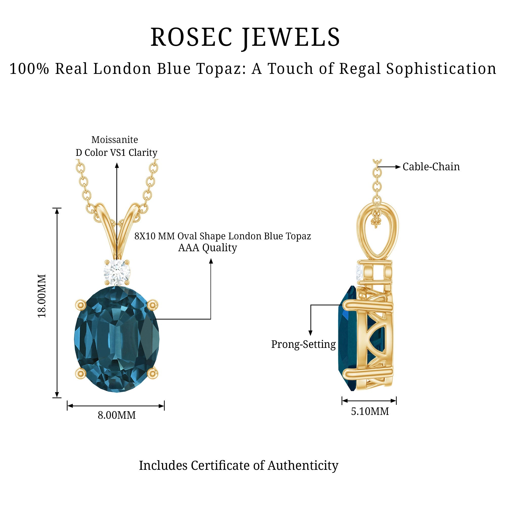 Genuine London Blue Topaz Solitaire Necklace with Chain