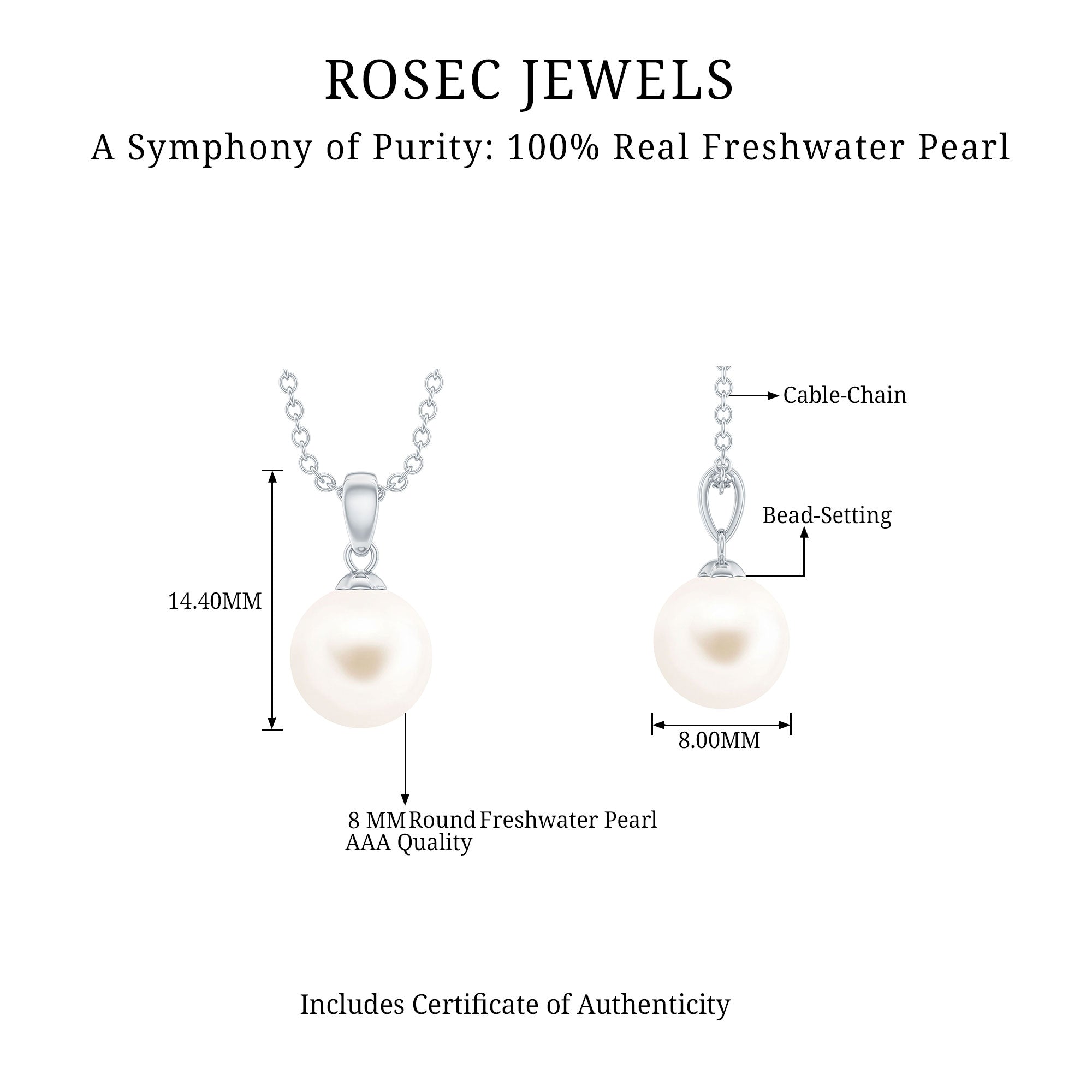 Natural 8MM Freshwater Pearl Solitaire Drop Necklace With Chain