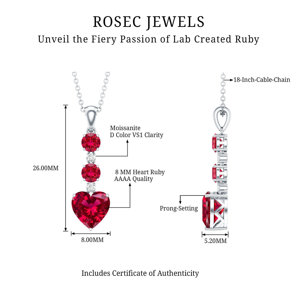 Certified 2 Carat Lab Grown Ruby Heart Necklace with Silver Chain