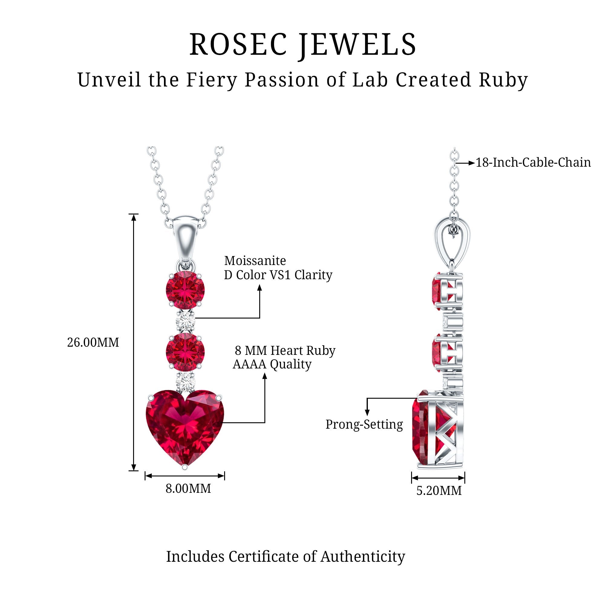 Certified 2 Carat Lab Grown Ruby Heart Necklace with Silver Chain