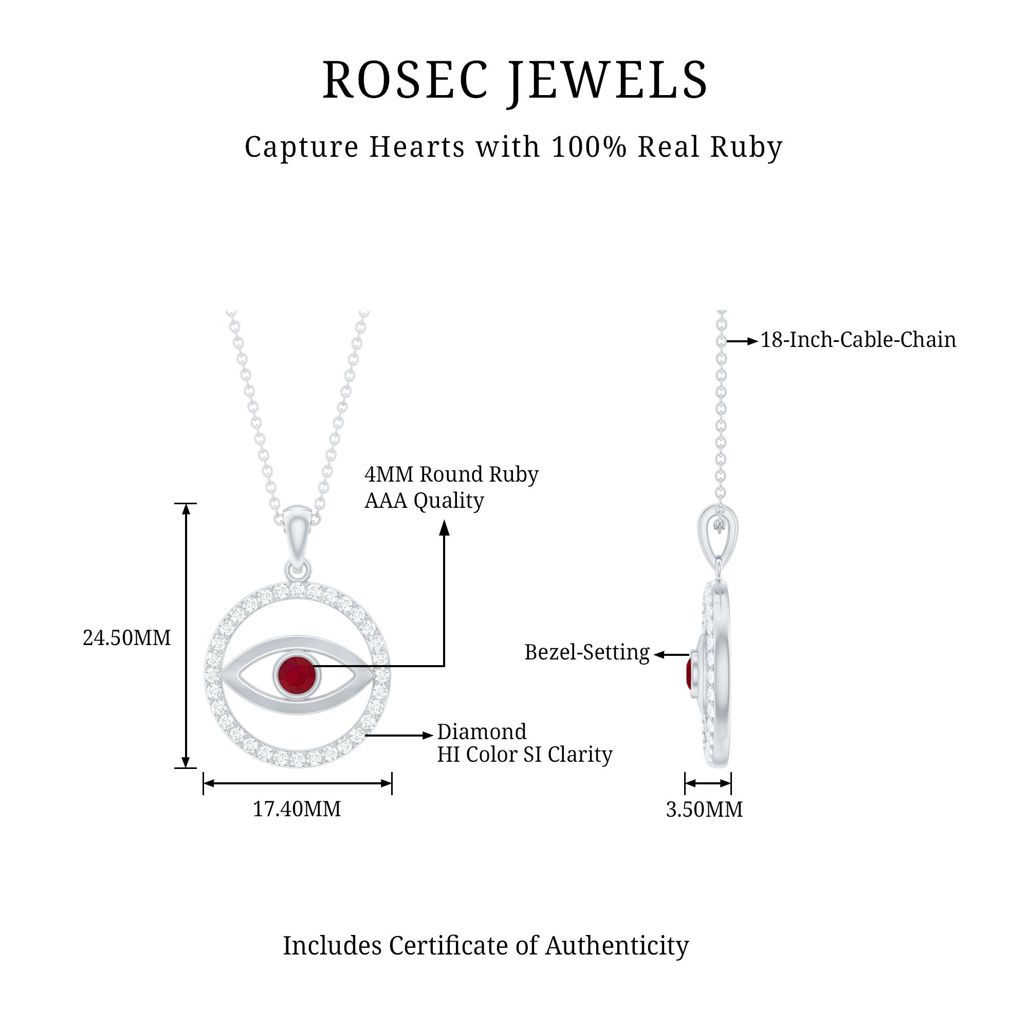 Real Ruby and Diamond Evil Eye Pendant Necklace