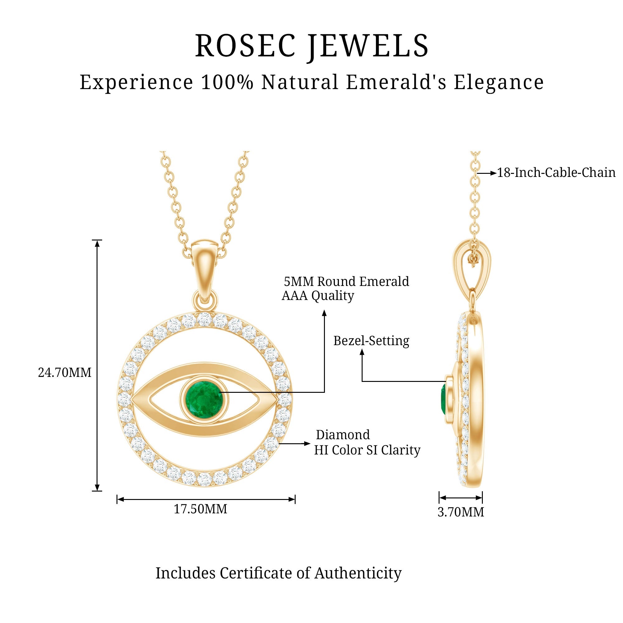Real Emerald and Diamond Evil Eye Pendant Necklace